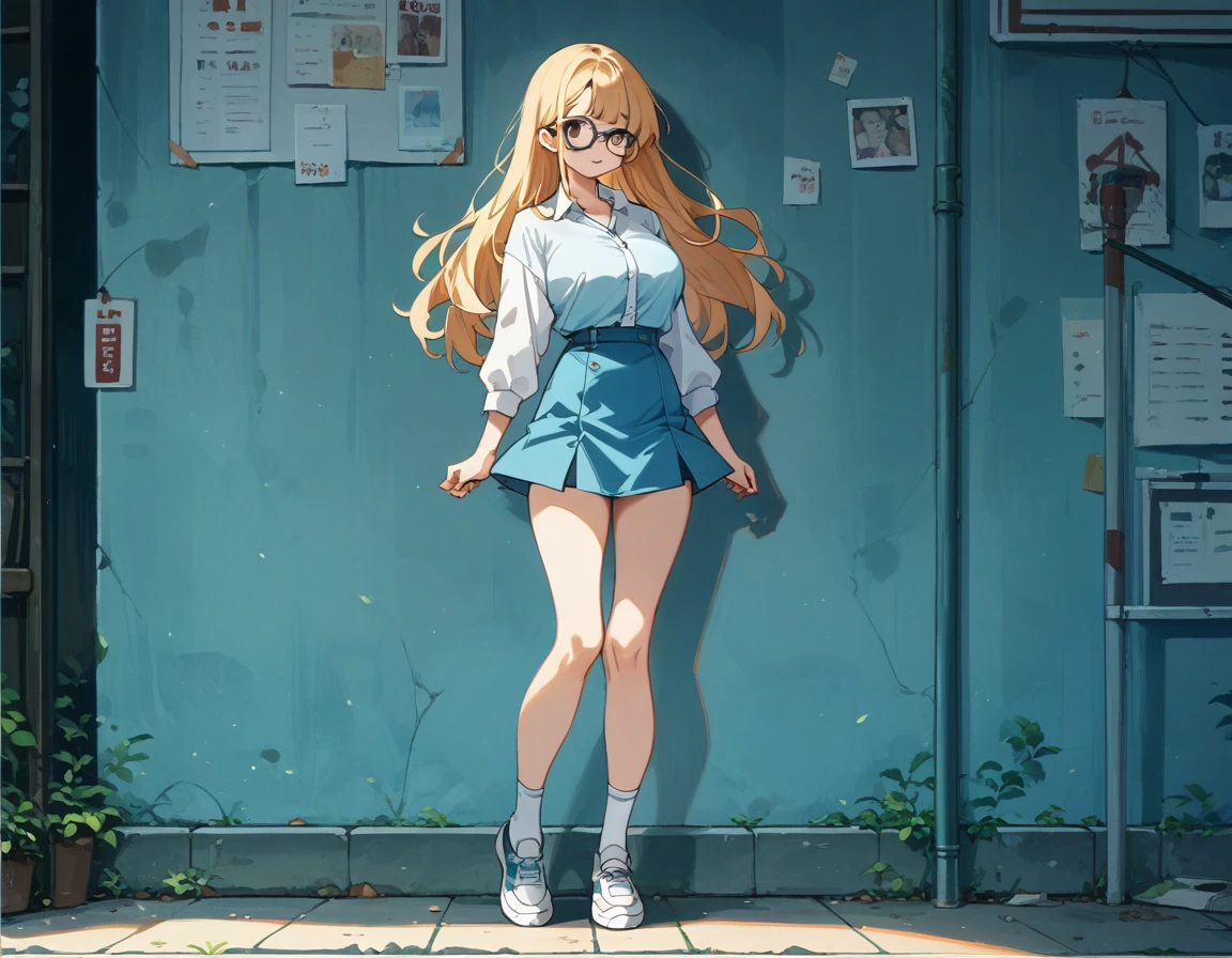 Long haired girl wearing glasses、Big breasts and blue bra sticking through pure white shirt、Blue flared skirt、She lifts her skirt to show her cute white underwear、Bare legs, white socks and leather shoes、Standing posture