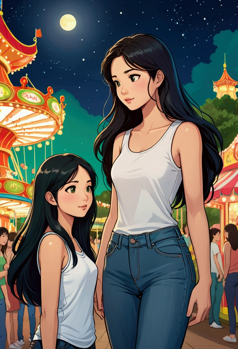 Two beautiful young women in Sarah Kay style, at night in an amusement park. One is Asian with long black hair, dressed in jeans and a white t-shirt with black drawings, who stands and looks lovingly at the other young woman, a British woman with light brown hair dressed in jeans and a green sleeveless t-shirt who walks in front of the Asian woman. She looks at her with tenderness and expectation.