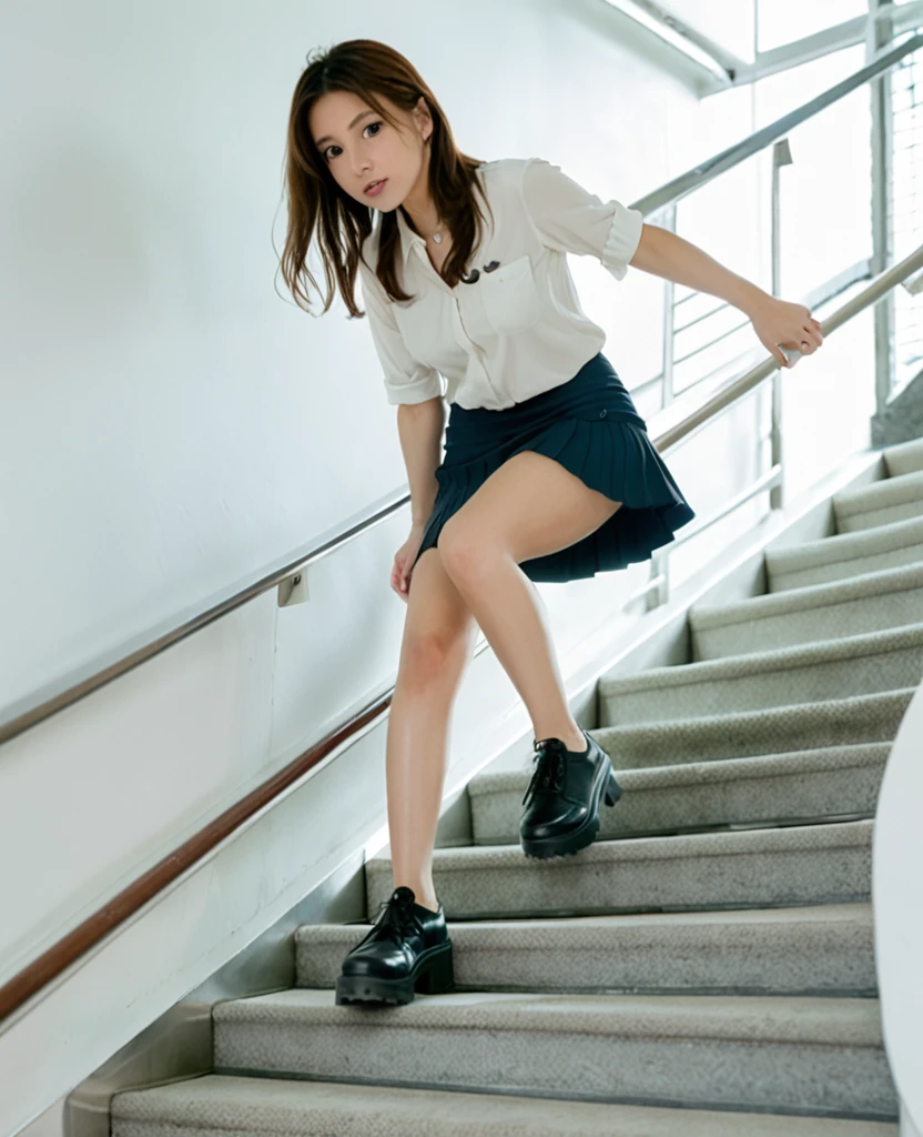 A woman in a miniskirt climbing the stairs、Angle from below