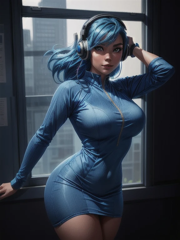 curvy woman with blue hair and headphones posing in front of a window, artgerm and lois van baarle, 极其详细的Artgerm, style artgerm, Alena Aenami e Artgerm, artgerm julie bell beeple, Tracer in a skintight dress, no style artgerm