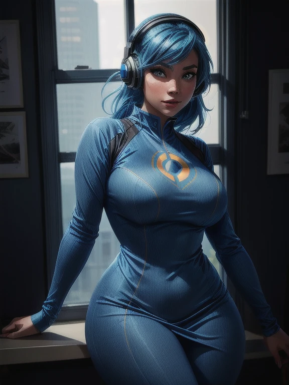 curvy woman with blue hair and headphones posing in front of a window, artgerm and lois van baarle, 极其详细的Artgerm, style artgerm, Alena Aenami e Artgerm, artgerm julie bell beeple, Tracer in a skintight dress, no style artgerm