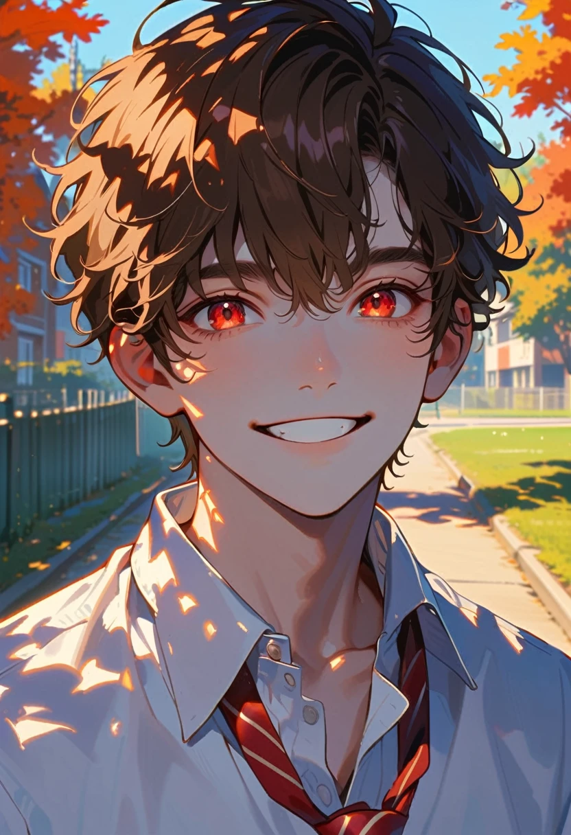 a male, short brown hair, red eyes, wearing white shirt, red striped tie, smiling, pale skin, schoolyard background, sunlight, high quality, headshot