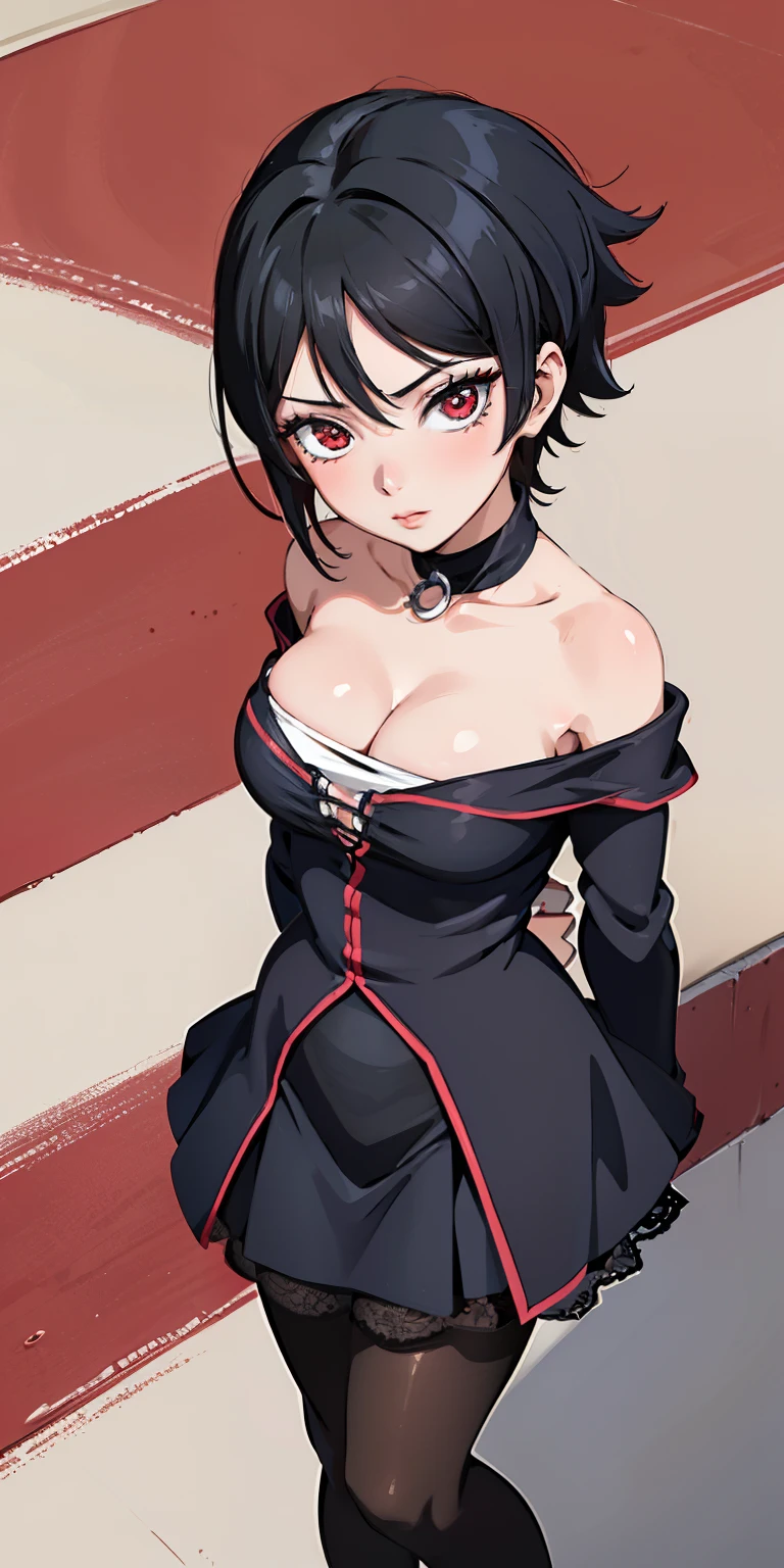 masterpiece, best quality, ultra-detailed, illustration,(1girl),beautiful detailed eyes, Sarada Uchiha, looking at viewer, close up, (breast focus), (arms behind back:1.2), (from above:1.1), black hair, Medium breasts, (breasts out:1.3), (off shoulder:1.1), lace underwear, random pantyhose, long black hair, red eyes, Sharringan eyes,