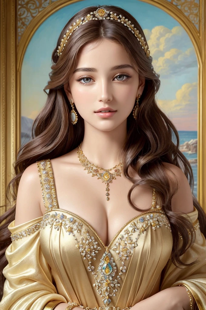 ( Absurd, High quality, ultra-detailed, masterpiece, concept art, smooth, highly detailed artwork, hyper-realistic painting ) ,Goddess, Greek mythology, Aphrodite, captivating and enchanting, commanding attention wherever she went, breathtakingly beautiful goddess with flawless features, skin was described as radiant and fair, often compared to the softness of freshly bloomed flowers, hair was a prominent aspect of her beauty. It was typically depicted as lustrous and flowing, often cascading in waves or curls down her shoulders and back, eyes were described as enchanting and alluring, drawing others in with their depth and intensity. Aphrodite’s gaze had the power to captivate and inspire love in those who looked upon her, wearing elegant and ethereal garments. She adorned herself with exquisite jewelry, including necklaces, bracelets, and intricate accessories