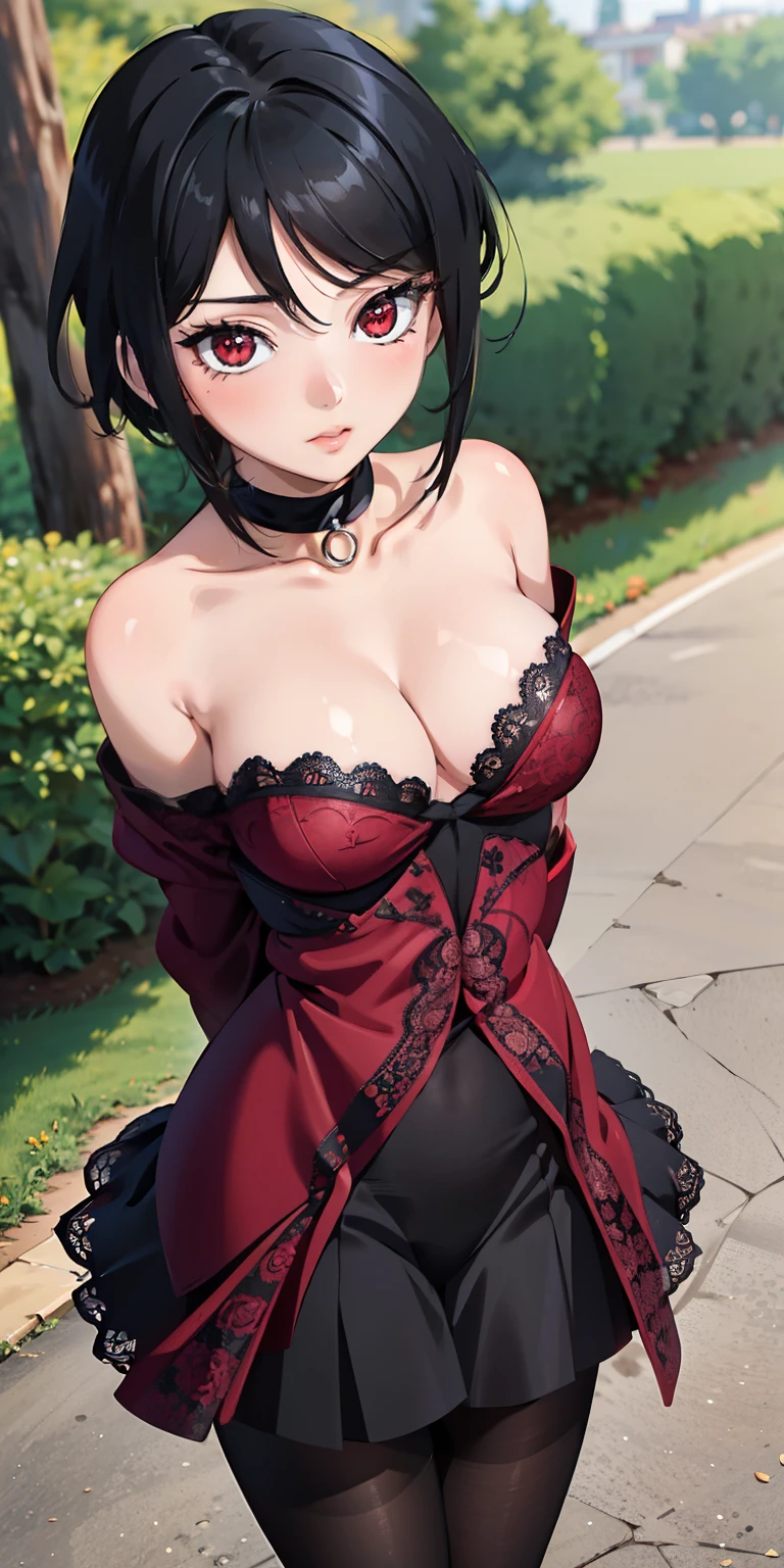 masterpiece, best quality, ultra-detailed, illustration,(1girl),beautiful detailed eyes, Sarada Uchiha, looking at viewer, close up, (breast focus), (arms behind back:1.2), (from above:1.1), black hair, Medium breasts, (breasts out:1.3), (off shoulder:1.1), lace underwear, random pantyhose, long black hair, red eyes, Sharringan eyes,