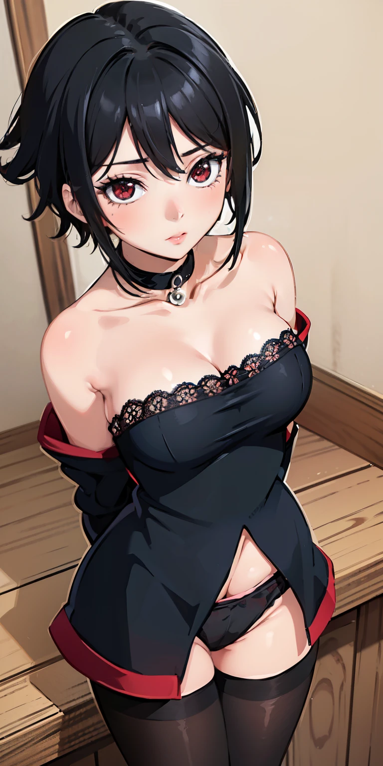 masterpiece, best quality, ultra-detailed, illustration,(1girl),beautiful detailed eyes, Sarada Uchiha, looking at viewer, close up, (breast focus), (arms behind back:1.2), (from above:1.1), black hair, Medium breasts, (breasts out:1.3), (off shoulder:1.1), lace underwear, random pantyhose, long black hair, red eyes, Sharringan eyes,