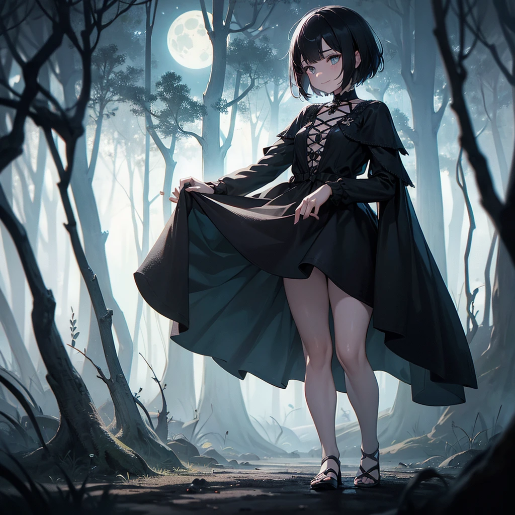 1 woman, little smile, black pixie cut hair, alternative haircut, pale skin, delicate feminine mouth, small amber eyes, magic mushrooms in the floor, witch costume, full moon in sky, dark forest backdrop, ethereal, moody lighting, cinematic, dramatic, fantasy, magic, occult, supernatural, hyper detailed, intricate, masterpiece, ultra-detailed, 8k, photorealistic, cinematic lighting, dramatic shadows