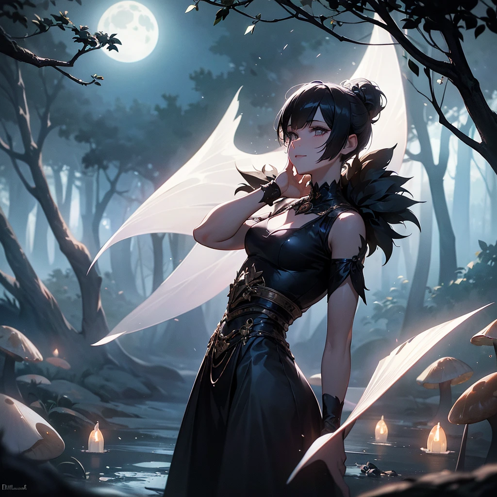 1 woman, little smile, black pixie cut hair, alternative haircut, pale skin, delicate feminine mouth, small amber eyes, magic mushrooms in the floor, witch costume, full moon in sky, dark forest backdrop, ethereal, moody lighting, cinematic, dramatic, fantasy, magic, occult, supernatural, hyper detailed, intricate, masterpiece, ultra-detailed, 8k, photorealistic, cinematic lighting, dramatic shadows