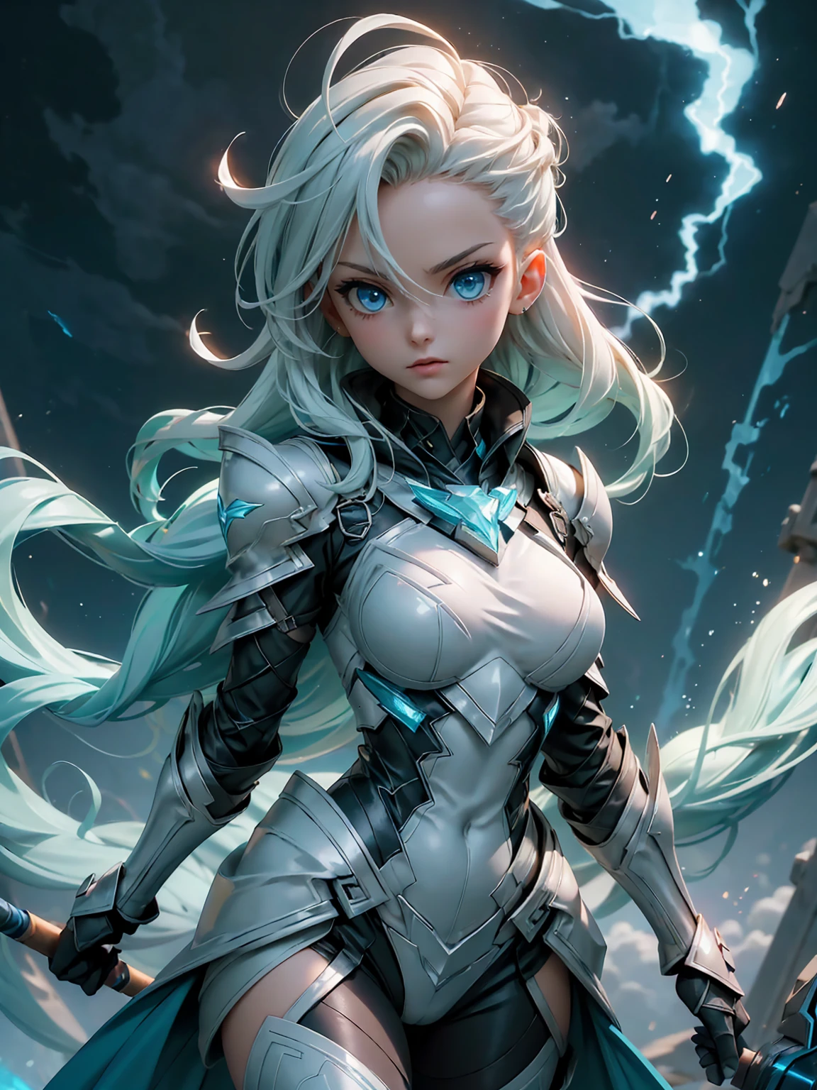 (((masterpiece, best quality 16k)))((full body shot)) of a girl in electrifying, futuristic armor with sleek silver and blue accents, standing in a stormy, electrified sky. She has short, spiky platinum blonde hair and piercing, electric blue eyes. Her skin has a faint, radiant glow, and she is adorned with intricate lightning bolt motifs. She holds a magnificent staff crackling with arcs of lightning, emitting a powerful, electric aura. The atmosphere is {charged|awe-inspiring}, with thunderclouds and bolts of lightning illuminating the scene. The ground beneath her is charged with static electricity, creating a shimmering effect and adding to the electrifying ambiance. Surrounding her are swirling storm clouds and bursts of lightning in shades of {blue|white}, casting a dynamic, electrical glow. The background features towering, swirling storm formations and glimpses of a distant, lightning-lit castle, hinting at a kingdom ruled by thunder and lightning. The scene is intense and majestic, with her face showing a confident yet serene expression, her eyes focused intently on harnessing her power.

[Best quality], [Masterpiece], [Ultra-detailed], [4k], {charged|awe-inspiring} atmosphere, stormy sky, {dynamic pose|commanding pose}, electrified illumination, {soft shadows|dramatic lighting}, {charged ground:0.7}, {swirling storm clouds:0.6}, {bursts of lightning:0.5}, {storm formations:0.4}, {lightning-lit castle:0.3}.