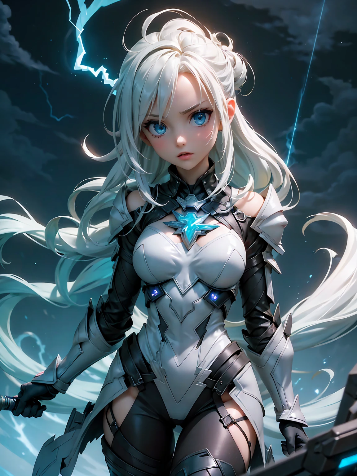 (((masterpiece, best quality 16k)))((full body shot)) of a girl in electrifying, futuristic armor with sleek silver and blue accents, standing in a stormy, electrified sky. She has short, spiky platinum blonde hair and piercing, electric blue eyes. Her skin has a faint, radiant glow, and she is adorned with intricate lightning bolt motifs. She holds a magnificent staff crackling with arcs of lightning, emitting a powerful, electric aura. The atmosphere is {charged|awe-inspiring}, with thunderclouds and bolts of lightning illuminating the scene. The ground beneath her is charged with static electricity, creating a shimmering effect and adding to the electrifying ambiance. Surrounding her are swirling storm clouds and bursts of lightning in shades of {blue|white}, casting a dynamic, electrical glow. The background features towering, swirling storm formations and glimpses of a distant, lightning-lit castle, hinting at a kingdom ruled by thunder and lightning. The scene is intense and majestic, with her face showing a confident yet serene expression, her eyes focused intently on harnessing her power. [Best quality], [Masterpiece], [Ultra-detailed], [4k], {charged|awe-inspiring} atmosphere, stormy sky, {dynamic pose|commanding pose}, electrified illumination, {soft shadows|dramatic lighting}, {charged ground:0.7}, {swirling storm clouds:0.6}, {bursts of lightning:0.5}, {storm formations:0.4}, {lightning-lit castle:0.3}.