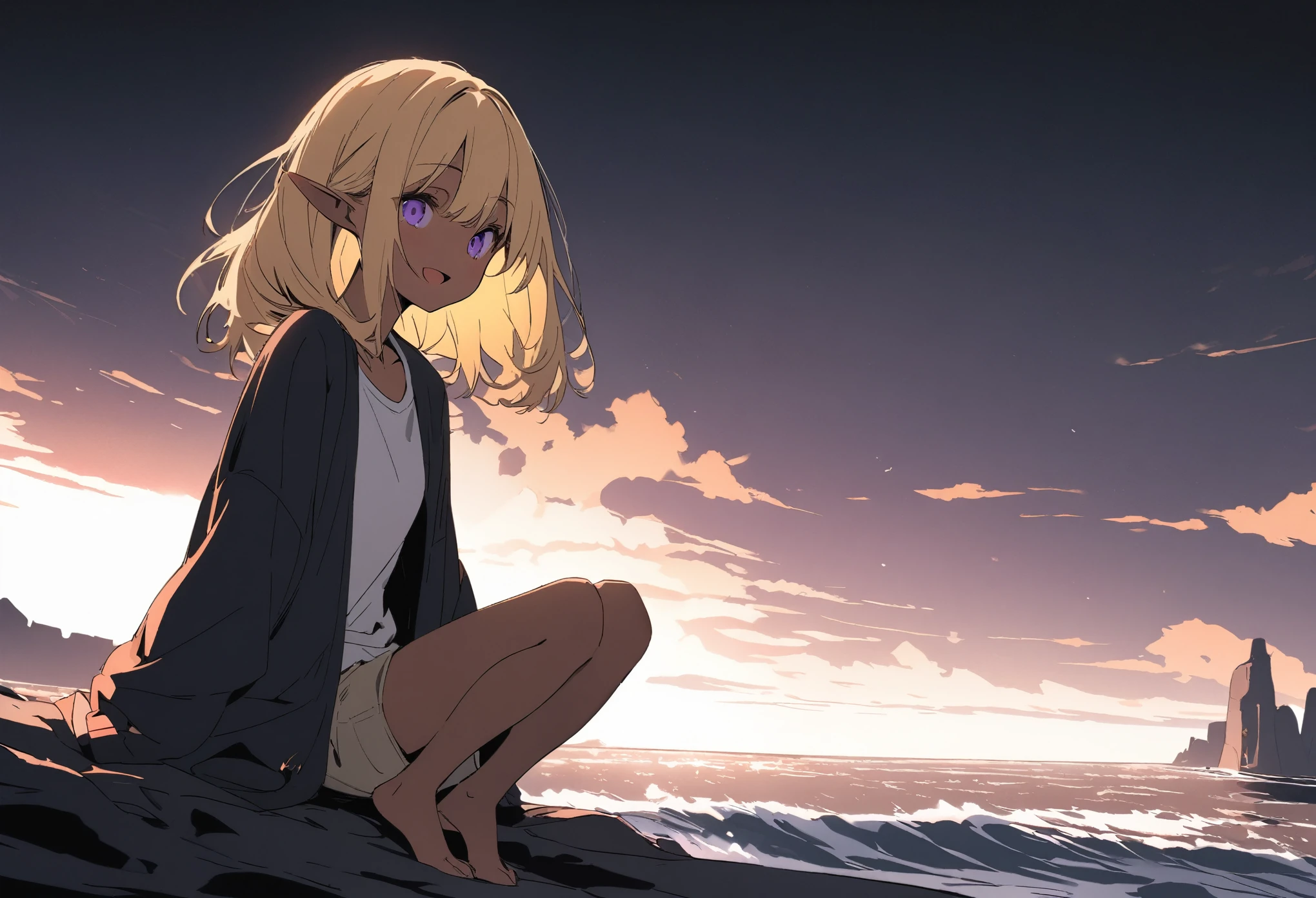 ((Masterpiece)), ((best quality)), ((kawaii)), (flat color), (flat shading), ((extremely detailed)), (8K), (High Definition:1.3), (Professional Photography:1.2), cinematic lighting, (very aesthetic:1.2), (absurdres:1.2), (sharp focus), (perfect light), (wide shot), ((12 years old)), (1girl), cute young girl, (from side), (nauhty smile), open mouth, (Beautiful purple eyes:1.2), (dark skin), elf girl, wear a long cardigan, (small breast), slim body, (very long bangs), unruly hair, (medium hair), ((beautiful blond hair)), short pants, BREAK, ((best quality)), sitting on the ground, (Sit with legs stretched out), ((tiptoe up)), (Cliffs over 100 meters above sea level), (super detail:1.2),
