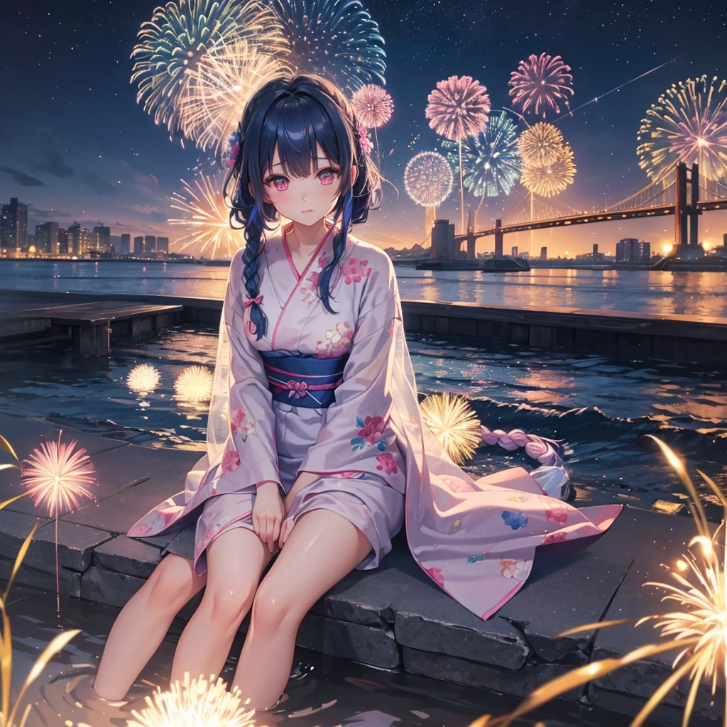 (Sky Blue Medium Hair:1.2), (Braided Hair),(Pink Eyes),Fair skin ,(whole body),(1 girl)、Floral Yukata、summer night、Extra-large fireworks filling the night sky、Huge fireworks launched from the sea、Watching the fireworks while sitting next to each other、Straight bangs,(masterpiece, Highest quality, Very detailed, Best Shadow), (Detailed Background), (Beautifully detailed face), High Contrast, (Best lighting, Very delicate and beautiful), ((Cinematic Light)), colorful, Hyper Detail 8k, Dramatic Light, Intricate details,Fireworks reflected on the water surface、
