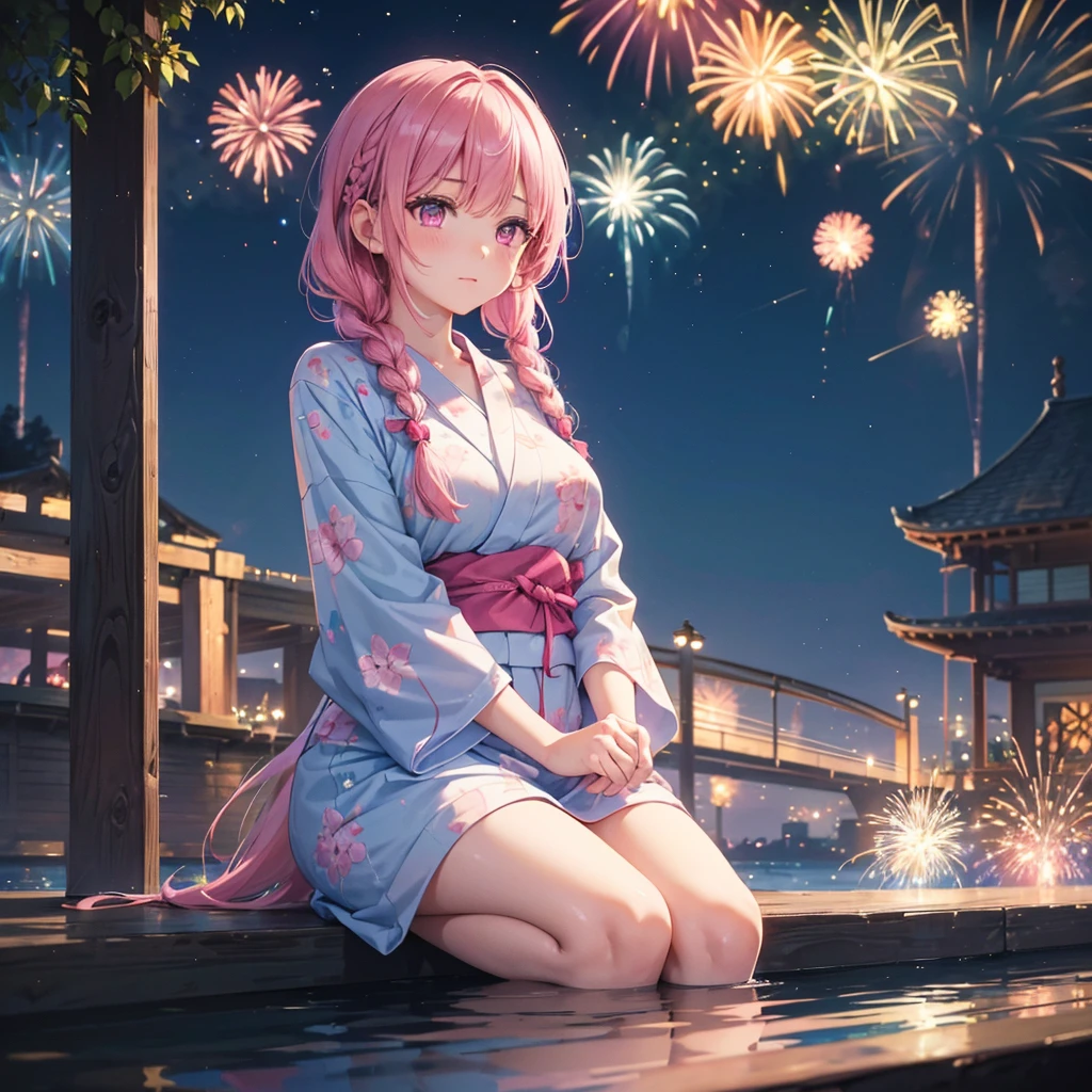 Sky Blue Medium Hair, (Braided Hair),(Pink Eyes),Fair skin ,(whole body),(1 girl)、Floral Yukata、summer night、Extra-large fireworks filling the night sky、Watching the fireworks while sitting next to each other、Straight bangs,(masterpiece, Highest quality, Very detailed, Best Shadow), (Detailed Background), (Beautifully detailed face), High Contrast, (Best lighting, Very delicate and beautiful), ((Cinematic Light)), colorful, Hyper Detail 8k, Dramatic Light, Intricate details,Fireworks reflecting on the surface of the water