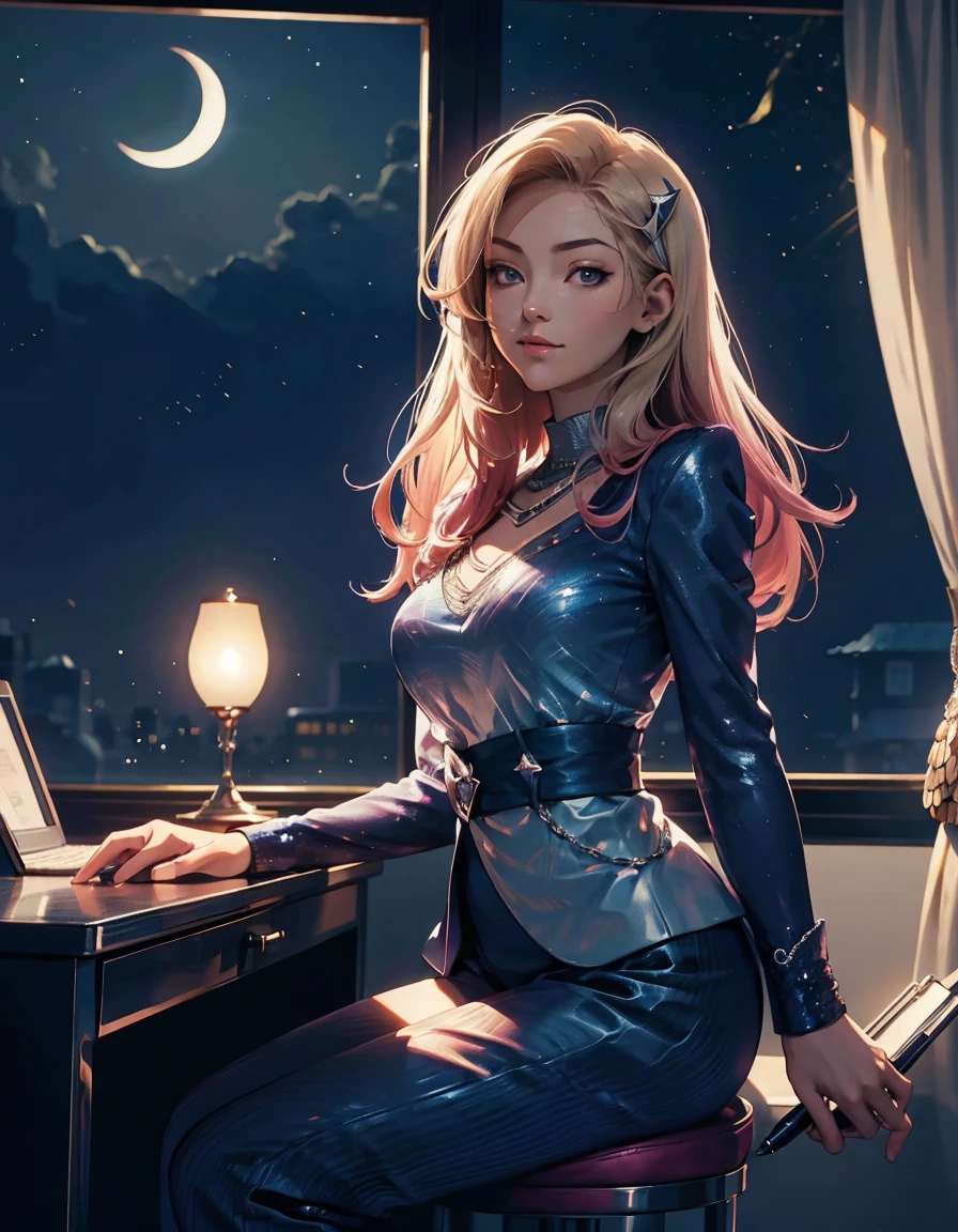 Detailed textures, high quality, high resolution, high accuracy, realism, color correction, correct lighting settings, harmonious composition. anime style, super fine illustration, highly detailed, dynamic angle, beautiful detailed, 8k, On a summer night, inside a room, BREAK a girl sits on a chair at a desk, writing a letter with a ballpoint pen. She wears pajamas and has a bashful expression. BREAK Through the window, a crescent moon shines, and an owl is perched on a tree branch.
