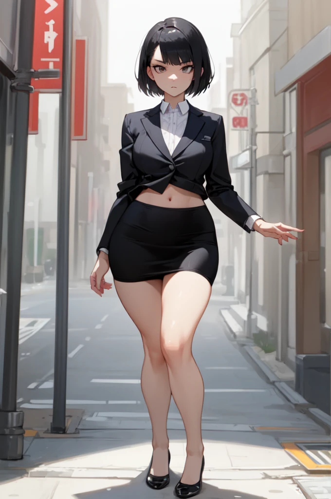 beautiful, (masterpiece), best quality, (extremely detailed face), extremely detailed eyes,  perfect lighting, OverallDetail, detailed, 1lady, solo, mature female, (black short hair), bangs, (suit), tight black blazer, (tight pencil_skirt), serious expression, pale, thick thighs, flatshoes, black footwear, wide hips, standing upright, full body shown, holding microphone, news reporter, outside in a busy street, busty, thick legs, thick thighs pressed together, asian woman, slim waist, flat stomach, hourglass bodyfigure, staring at camera, feet together 