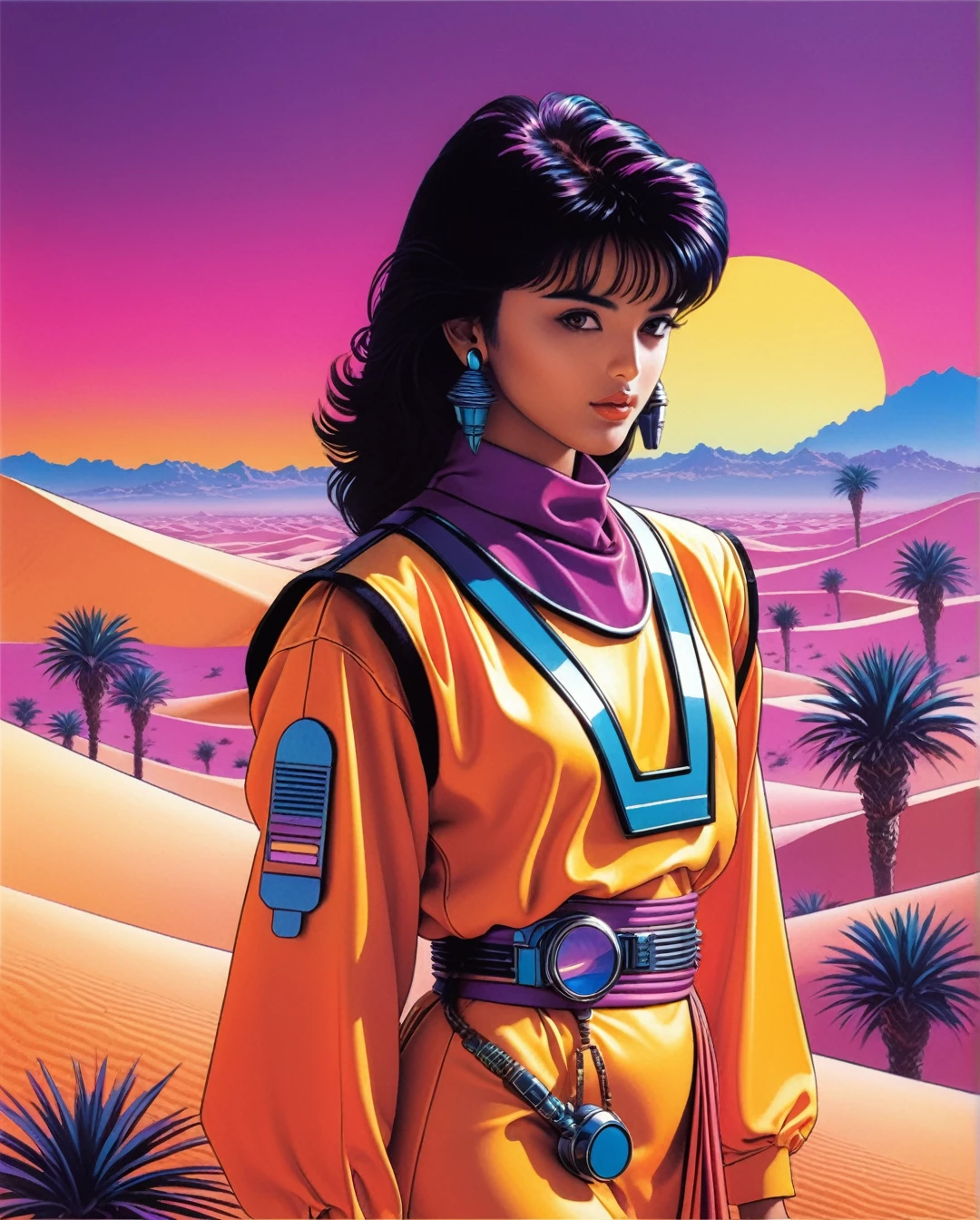 Art style by Hajime Sorayama, Art style by Hiroshi Nagai, (Masterpiece, Top Quality, Super Detail, High Resolution, Best Illustration), 1990s (style), 1980s (style), retro art style, Highest image quality, (Masterpiece, top quality, super detail, high resolution, best illustration), vintage, 1990s \(style\), dynamic angle,  Create a captivating AI art piece featuring a Saudi Arabian Bedouin in a sci-fi setting, infused with the vibrant aesthetics of vaporwave and synthwave art. The Bedouin, dressed in traditional attire with intricate patterns, stands against a futuristic desert landscape, illuminated by neon hues and cyberpunk elements. The background showcases a blend of glowing purple and pink sand dunes, distant starships hovering above, and holographic palm trees. Incorporate retro-futuristic elements like grid lines on the ground, digital sun with a gradient sky, and geometric shapes floating around, all bathed in the characteristic vaporwave and synthwave color palette. The overall composition should evoke a sense of nostalgia and wonder, blending traditional Bedouin culture with a retro-futuristic vision.