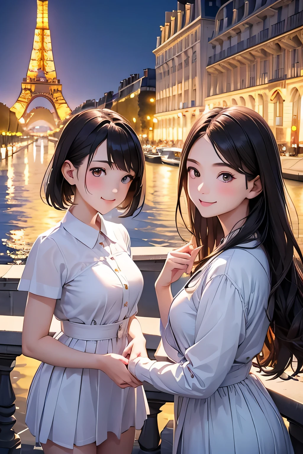 Highest quality、High resolution、Detailed Background、(Beautiful face in every detail:1.4)、Anatomically correct、(Normal number of fingers:1.2)、(Detailed eyes:1.2)、Teenage beauty、(Highly detailed face:1.2)、Perfect body line、Light color hair、Braided bob cut、Wavy Hairstyle、well-groomed eyebrows、cuteJK uniform、Pleated mini skirt、White Stockings、Elegant atmosphere、A big smile、smile、cute gesture、
(Two beautiful girls enjoying sightseeing with the famous sights of Paris in the background:1.5)、
If you stop by the Louvre, you can see people admiring the Venus de Milo and the Mona Lisa.、In the evening, enjoy a cruise along the Seine and see the sights of Paris at dusk.、Enjoying the night view of Paris、Palace of Versailles、Notre Dame Cathedral、Arc de Triomphe、Orsay Museum、Montmartre、Opera Garnier、cute