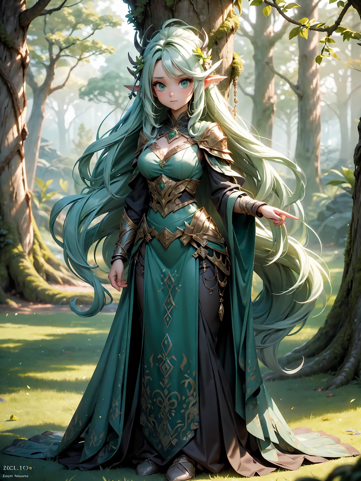 ((full body shot)) of a girl in natural, leafy armor with vines and flowers woven into the design, standing in an enchanted, ancient forest. She has long, flowing green hair and glowing, emerald eyes. Her skin has a faint, earthy texture, and she is adorned with various pieces of nature, like feathers and crystals. She holds a staff made of twisted wood and adorned with glowing runes. The atmosphere is {tranquil|magical}, with shafts of sunlight piercing through the dense canopy. The ground beneath her is a lush carpet of moss and fallen leaves, reflecting the vibrant life and adding to the natural ambiance. Surrounding her are various woodland creatures and glowing plants in shades of {green|yellow}, casting a warm, natural glow. The background features towering, ancient trees and mystical stone formations, hinting at a hidden, magical sanctuary. The scene is serene and mystical, with her face showing a gentle yet powerful expression, her eyes focused intently on her surroundings.

[Best quality], [Masterpiece], [Ultra-detailed], [4k], {tranquil|magical} atmosphere, ancient forest, {dynamic pose|serene pose}, sunlight illumination, {soft shadows|dappled lighting}, {reflected light on moss:0.7}, {glowing plants:0.6}, {woodland creatures:0.5}, {ancient trees:0.4}, {mystical stones:0.3}.