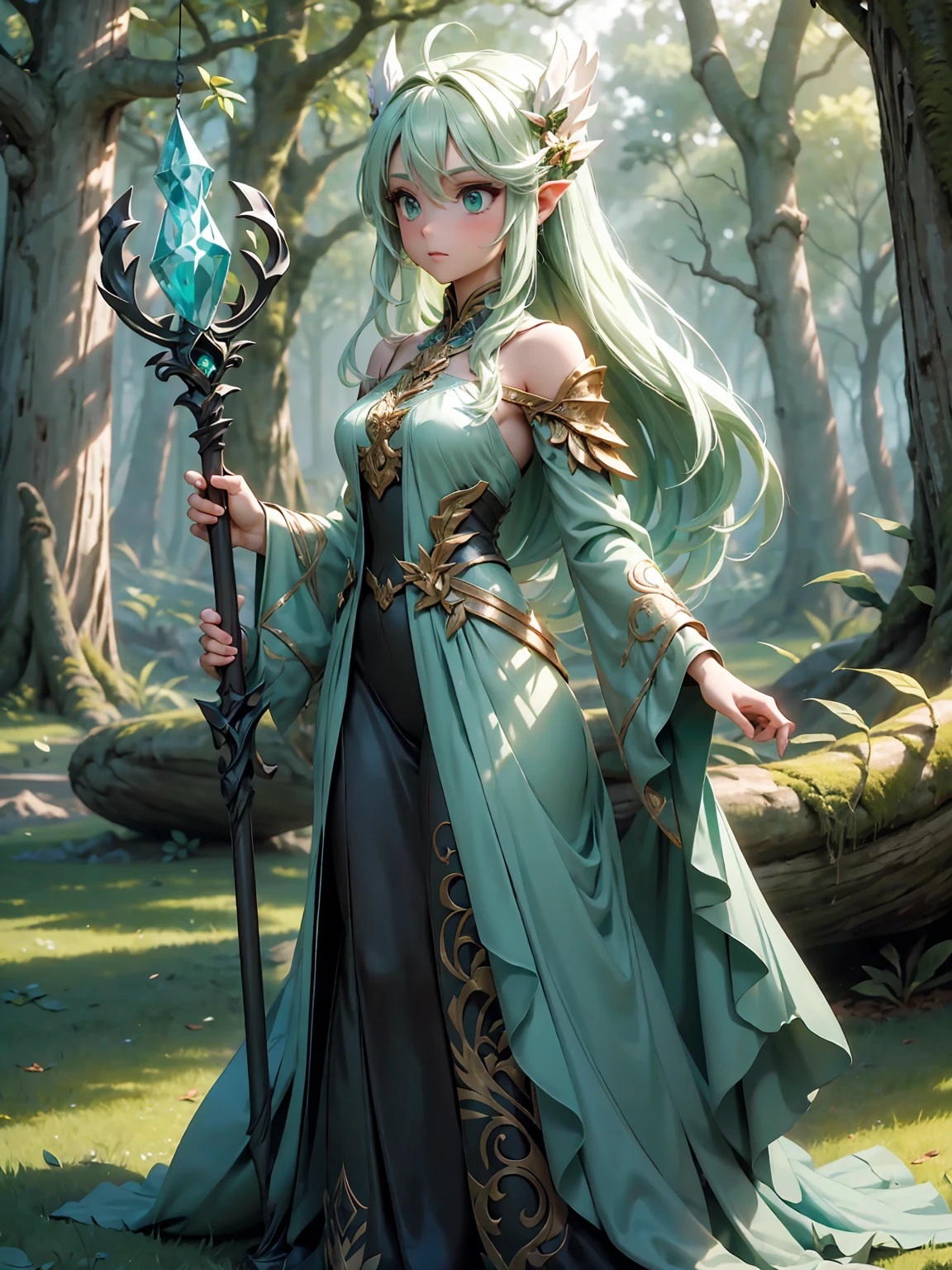 ((full body shot)) of a girl in natural, leafy armor with vines and flowers woven into the design, standing in an enchanted, ancient forest. She has long, flowing green hair and glowing, emerald eyes. Her skin has a faint, earthy texture, and she is adorned with various pieces of nature, like feathers and crystals. She holds a staff made of twisted wood and adorned with glowing runes. The atmosphere is {tranquil|magical}, with shafts of sunlight piercing through the dense canopy. The ground beneath her is a lush carpet of moss and fallen leaves, reflecting the vibrant life and adding to the natural ambiance. Surrounding her are various woodland creatures and glowing plants in shades of {green|yellow}, casting a warm, natural glow. The background features towering, ancient trees and mystical stone formations, hinting at a hidden, magical sanctuary. The scene is serene and mystical, with her face showing a gentle yet powerful expression, her eyes focused intently on her surroundings.

[Best quality], [Masterpiece], [Ultra-detailed], [4k], {tranquil|magical} atmosphere, ancient forest, {dynamic pose|serene pose}, sunlight illumination, {soft shadows|dappled lighting}, {reflected light on moss:0.7}, {glowing plants:0.6}, {woodland creatures:0.5}, {ancient trees:0.4}, {mystical stones:0.3}.