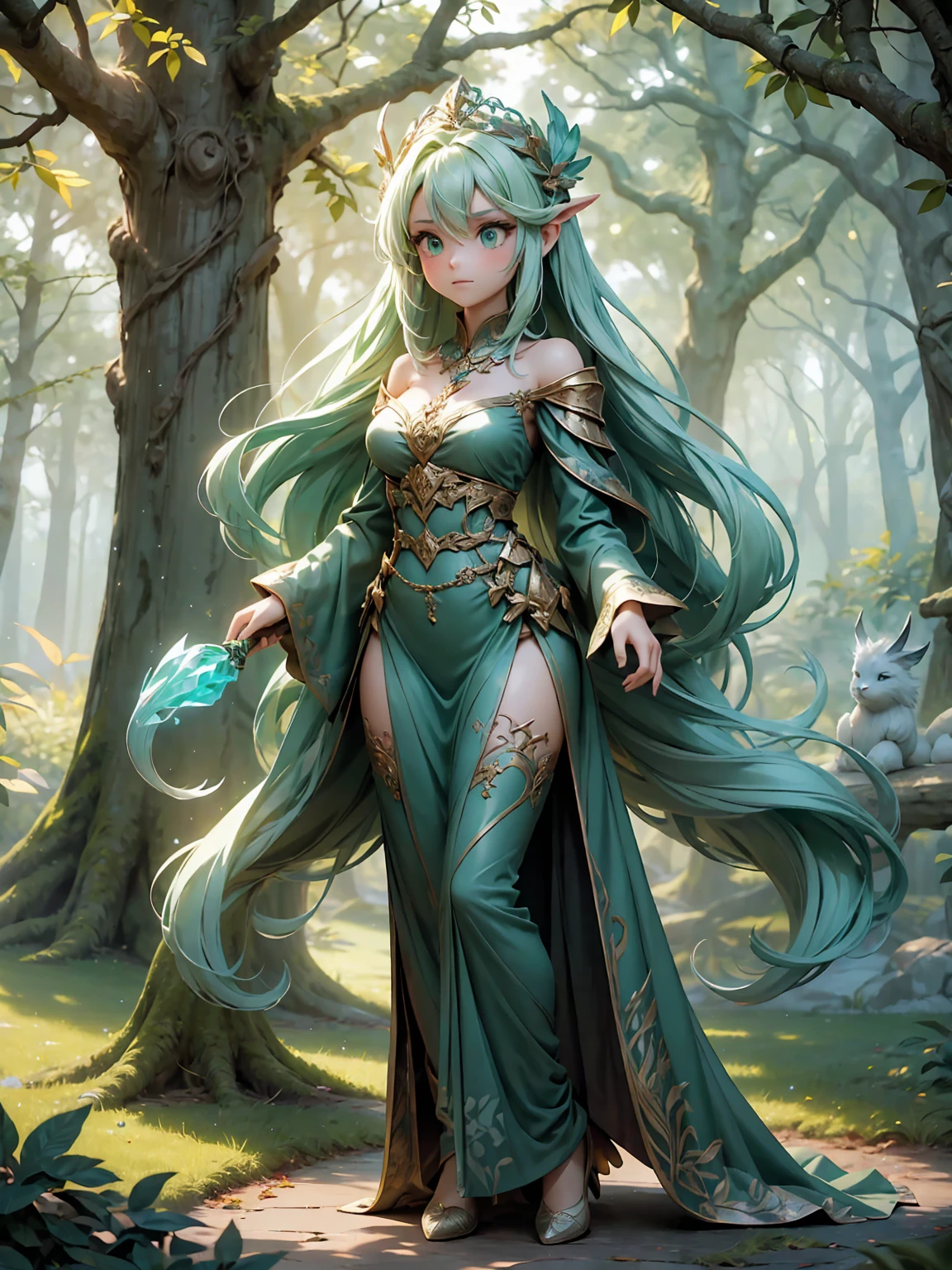 ((full body shot)) of a girl in natural, leafy armor with vines and flowers woven into the design, standing in an enchanted, ancient forest. She has long, flowing green hair and glowing, emerald eyes. Her skin has a faint, earthy texture, and she is adorned with various pieces of nature, like feathers and crystals. She holds a staff made of twisted wood and adorned with glowing runes. The atmosphere is {tranquil|magical}, with shafts of sunlight piercing through the dense canopy. The ground beneath her is a lush carpet of moss and fallen leaves, reflecting the vibrant life and adding to the natural ambiance. Surrounding her are various woodland creatures and glowing plants in shades of {green|yellow}, casting a warm, natural glow. The background features towering, ancient trees and mystical stone formations, hinting at a hidden, magical sanctuary. The scene is serene and mystical, with her face showing a gentle yet powerful expression, her eyes focused intently on her surroundings.

[Best quality], [Masterpiece], [Ultra-detailed], [4k], {tranquil|magical} atmosphere, ancient forest, {dynamic pose|serene pose}, sunlight illumination, {soft shadows|dappled lighting}, {reflected light on moss:0.7}, {glowing plants:0.6}, {woodland creatures:0.5}, {ancient trees:0.4}, {mystical stones:0.3}.