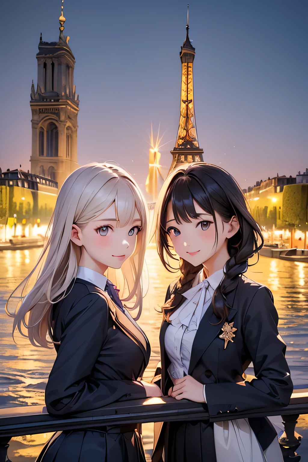 Highest quality、High resolution、Detailed Background、(Beautiful face in every detail:1.4)、Anatomically correct、(Normal number of fingers:1.2)、(Detailed eyes:1.2)、Teenage beauty、(Highly detailed face:1.2)、Perfect body line、Light color hair、Braided bob cut、Wavy Hairstyle、well-groomed eyebrows、cuteJK uniform、Pleated mini skirt、White Stockings、Elegant atmosphere、A big smile、smile、cute gesture、
(Two beautiful girls enjoying sightseeing with the famous sights of Paris in the background:1.5)、
If you stop by the Louvre, you can see people admiring the Venus de Milo and the Mona Lisa.、In the evening, enjoy a cruise along the Seine and see the sights of Paris at dusk.、Enjoying the night view of Paris、Palace of Versailles、Notre Dame Cathedral、Arc de Triomphe、Orsay Museum、Montmartre、Opera Garnier、cute