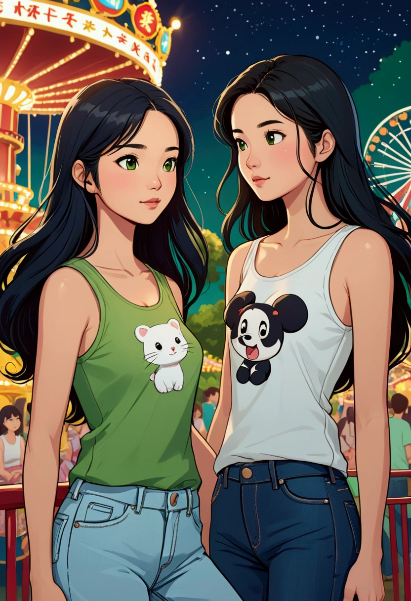 Two beautiful young women in Sarah Kay style, at night in an amusement park. One is Asian with long black hair, dressed in jeans and a white short-sleeved T-shirt with black designs, who stands and looks lovingly at the other young woman, a British woman with light brown hair dressed in jeans and a green sleeveless T-shirt who walks in front of the Asian woman. She looks at her with tenderness and expectation.