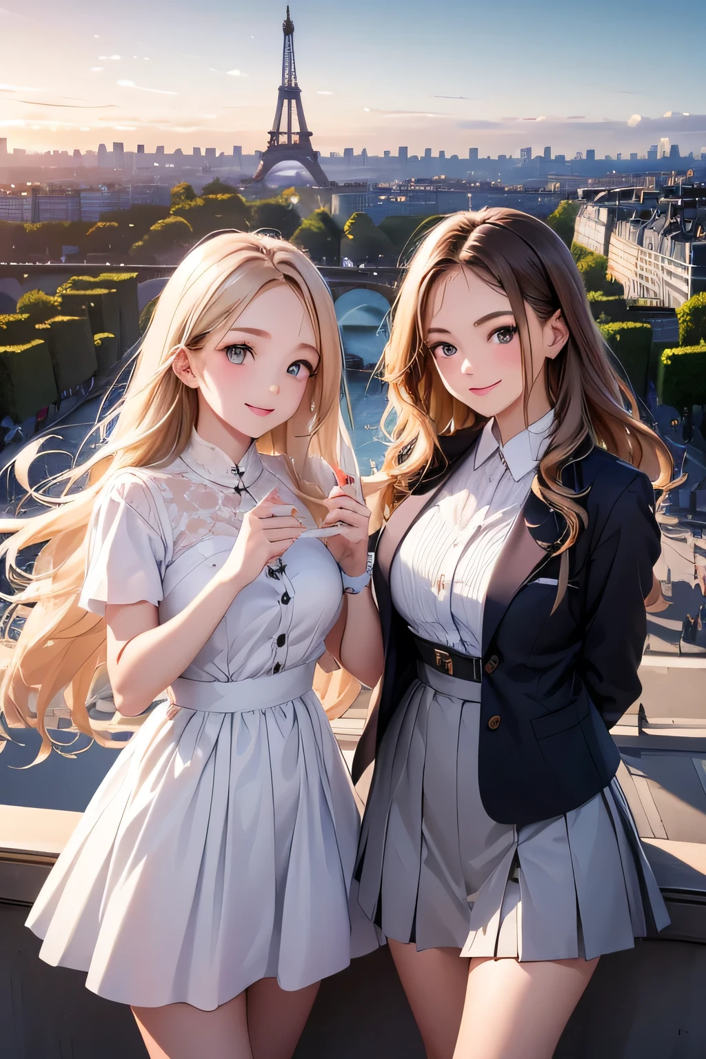 Highest quality、High resolution、Detailed Background、(Beautiful face in every detail:1.4)、Anatomically correct、(Normal number of fingers:1.2)、(Detailed eyes:1.2)、age beauty、(Highly detailed face:1.2)、Perfect body line、Light color hair、Braided bob cut、Wavy Hairstyle、well-groomed eyebrows、cuteJK uniform、Pleated mini skirt、White Stockings、Elegant atmosphere、A big smile、smile、cute gesture、
(Two beautiful girls enjoying sightseeing with the famous sights of Paris in the background:1.5)、
If you stop by the Louvre, you can see people admiring the Venus de Milo and the Mona Lisa.、In the evening, enjoy a cruise along the Seine and see the sights of Paris at dusk.、Enjoying the night view of Paris、Palace of Versailles、Notre Dame Cathedral、Arc de Triomphe、Orsay Museum、Montmartre、Opera Garnier、cute