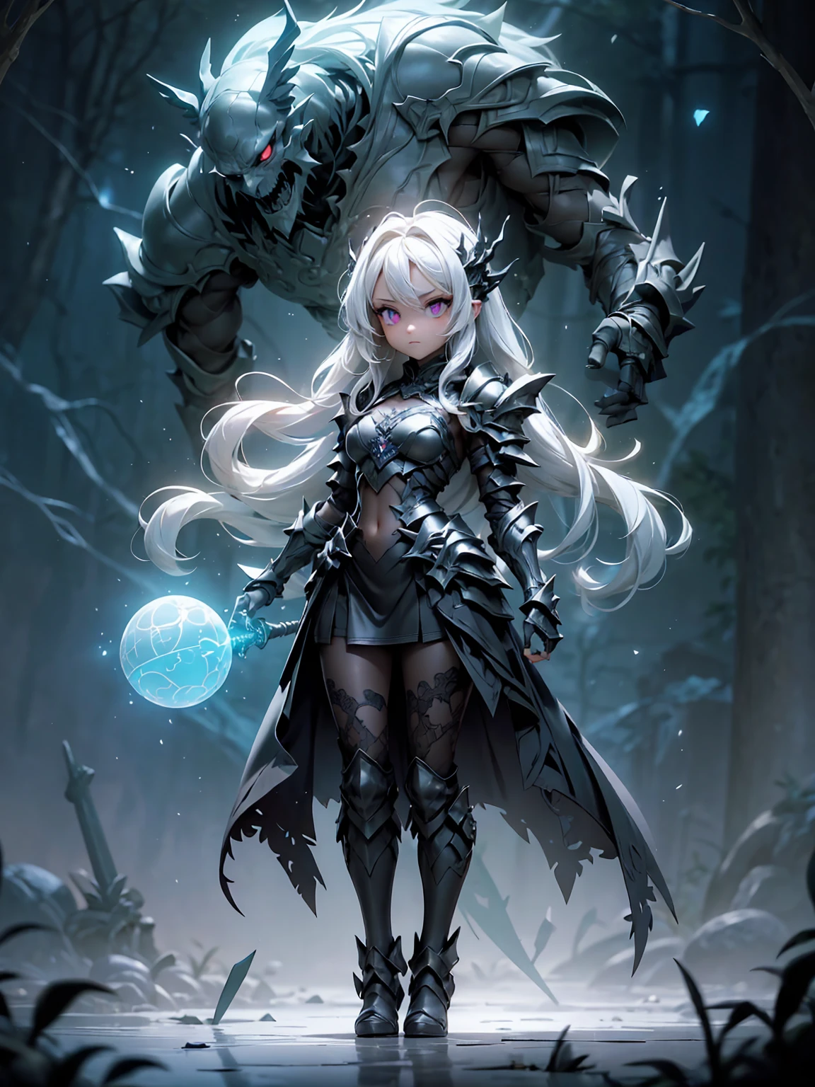 ((full body shot)) of a girl in detailed black gothic battle armor, standing in a completely dark environment. She has long white hair and glowing red eyes, with black angel wings, tattoos, and piercings. Her battle armor is intricately designed, revealing her bellybutton. She is holding a glowing orb of energy in her hands, which emits a soft, ethereal light. Surrounding her are numerous small lights in shades of {blue|purple}, casting a faint glow similar to candlelight. The only illumination comes from the orb and the particles around her. The atmosphere is {mysterious|otherworldly}, with a misty haze drifting around her feet. The ground beneath her is reflective, creating a mirrored effect that adds to the surreal ambiance. Subtle textures of ancient, worn stones and creeping vines can be seen in the background, hinting at a hidden, gothic castle. The scene is quiet and enigmatic, with her face partially obscured by the hood, her eyes focused intently on the luminous orb. She holds an intricately designed staff made of wood with metallic parts and embedded jewels.

[Best quality], [Masterpiece], [Ultra-detailed], [4k], {serene|intense} atmosphere, gothic castle, {dynamic pose|relaxed pose}, complete darkness, {soft shadows|dramatic lighting}, {reflected light on the ground:0.7}, {misty haze:0.6}, {glowing plants:0.5}, {creeping vines:0.4}, {ancient stones:0.3}.