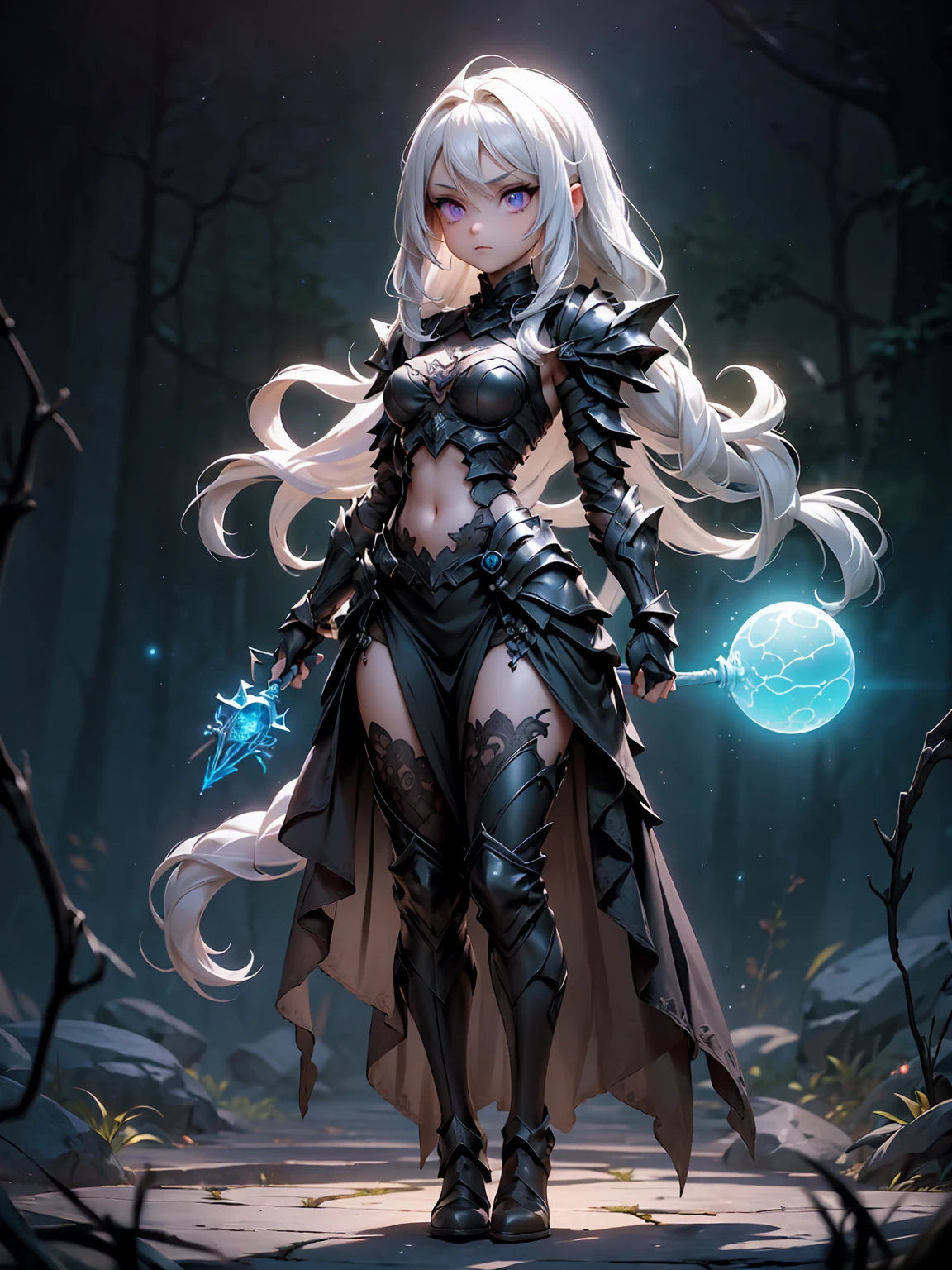 ((full body shot)) of a girl in detailed black gothic battle armor, standing in a completely dark environment. She has long white hair and glowing red eyes, with black angel wings, tattoos, and piercings. Her battle armor is intricately designed, revealing her bellybutton. She is holding a glowing orb of energy in her hands, which emits a soft, ethereal light. Surrounding her are numerous small lights in shades of {blue|purple}, casting a faint glow similar to candlelight. The only illumination comes from the orb and the particles around her. The atmosphere is {mysterious|otherworldly}, with a misty haze drifting around her feet. The ground beneath her is reflective, creating a mirrored effect that adds to the surreal ambiance. Subtle textures of ancient, worn stones and creeping vines can be seen in the background, hinting at a hidden, gothic castle. The scene is quiet and enigmatic, with her face partially obscured by the hood, her eyes focused intently on the luminous orb. She holds an intricately designed staff made of wood with metallic parts and embedded jewels.

[Best quality], [Masterpiece], [Ultra-detailed], [4k], {serene|intense} atmosphere, gothic castle, {dynamic pose|relaxed pose}, complete darkness, {soft shadows|dramatic lighting}, {reflected light on the ground:0.7}, {misty haze:0.6}, {glowing plants:0.5}, {creeping vines:0.4}, {ancient stones:0.3}.