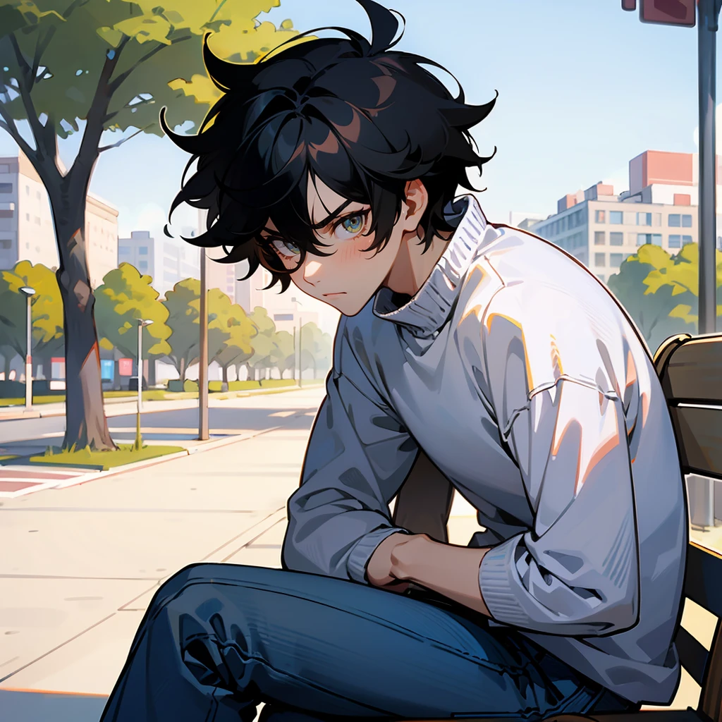 1male, Black Hair, White Turtleneck, Messy Hair, Blue Jeans, Sneakers, Hazel Eyes, Serious Expression, Tall, Regular, Young Male, City, Sitting on a Park Bench