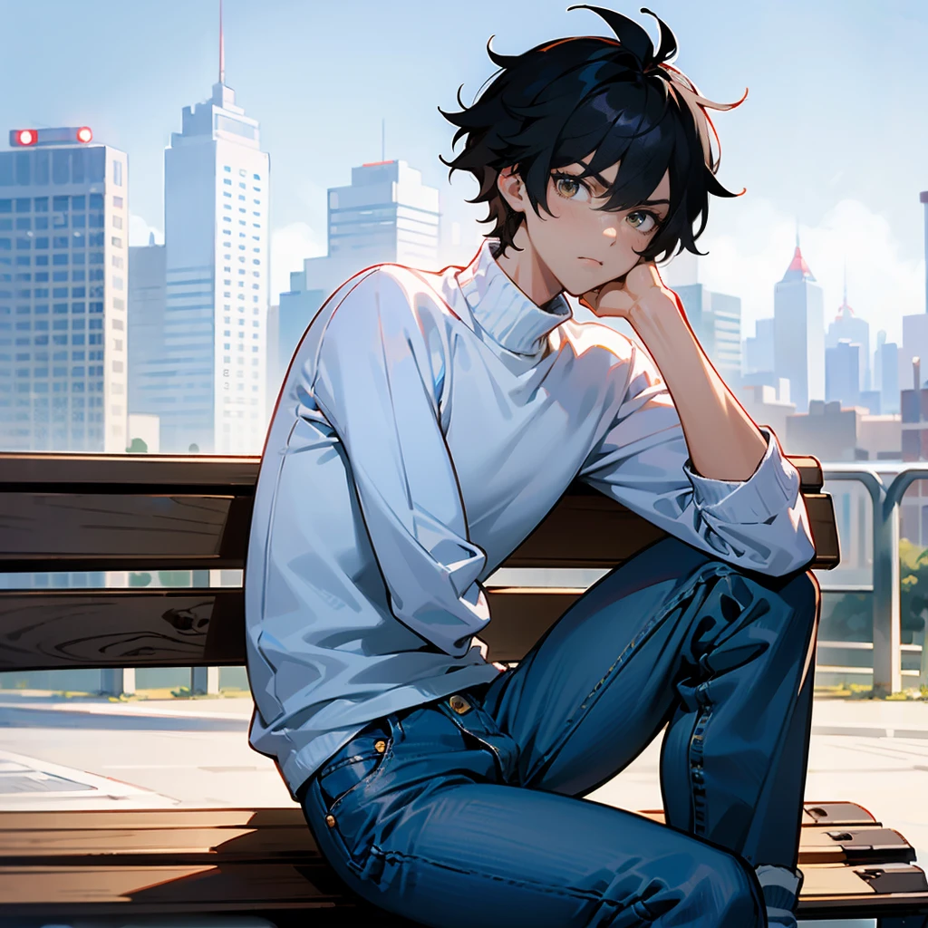 1male, Black Hair, White Turtleneck, Messy Hair, Blue Jeans, Sneakers, Hazel Eyes, Serious Expression, Tall, Regular, Young Male, City, Sitting on a Park Bench
