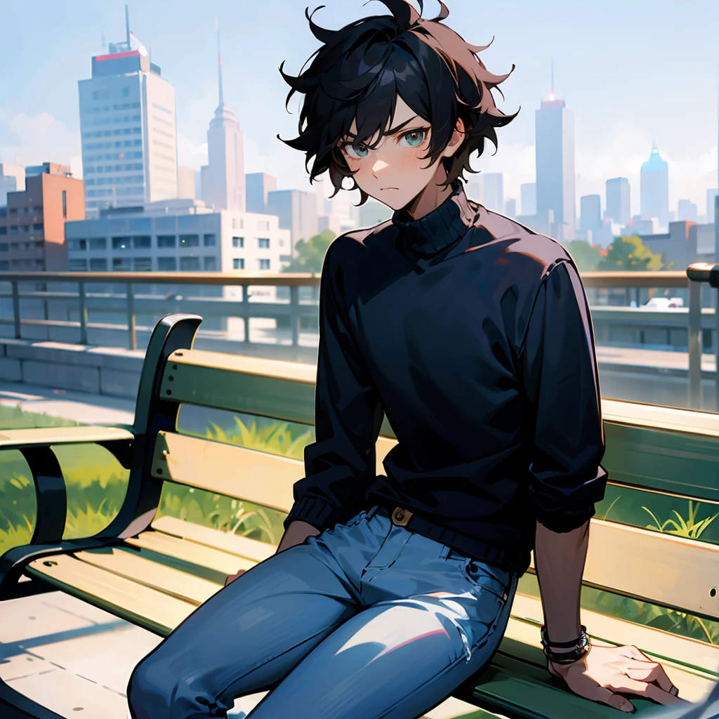 1male, Black Hair, White Turtleneck, Messy Hair, Blue Jeans, Sneakers, Hazel Eyes, Serious Expression, Tall, Regular, Young Male, City, Sitting on a Park Bench
