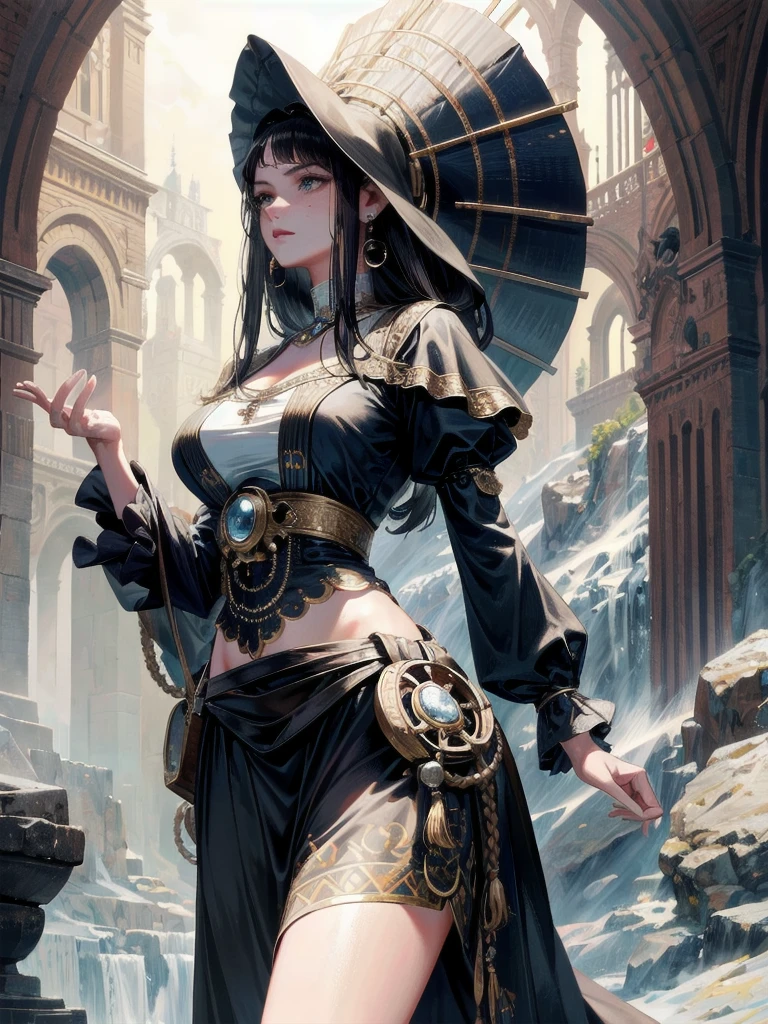 absurdres, RAW photo, extremely delicate and beautiful, masterpiece, Best Quality, ultra high resolution, 32k, hyperrealistic, ultra-detailed, Very detailed CG 8k wallpaper, detailed background, landscape, perfect anatomy, anatomically correct, perfect figure, Perfect Style, Perfect balance, super Detailed skin, in her 30s, very Slim body, narrow waist, very small head, very small face, delicate facial features, handsome detailed woman, very detailed eyes and face, realistic face proportions, Realistic beautiful face, Realistic beautiful eyes, tearful mole, earring, very huge round tits, whole body shot, medium hair, asymmetrical hair, indoor, Practical pirate clothing, Long-sleeved pirate top, Skirt, torn pirate hat,
