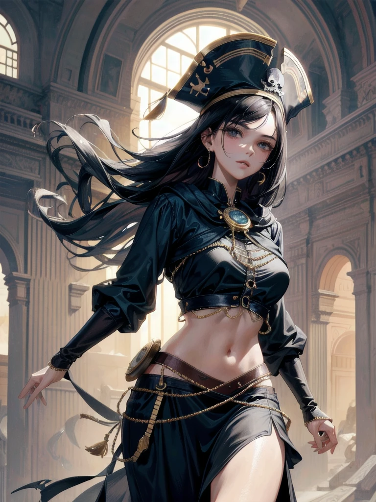 absurdres, RAW photo, extremely delicate and beautiful, masterpiece, Best Quality, ultra high resolution, 32k, hyperrealistic, ultra-detailed, perfect anatomy, anatomically correct, perfect figure, Perfect Style, Perfect balance, super Detailed skin, in her 30s, very Slim body, narrow waist, very small head, very small face, delicate facial features, handsome detailed woman, very detailed eyes and face, realistic face proportions, Realistic beautiful face, Realistic beautiful eyes, tearful mole, earring, huge round tits, whole body shot, medium hair, outdoor, (Practical pirate clothing, Long-sleeved pirate top:1.2), Skirt, Beautiful embroidery, beautiful fabric, Beautifully decorated, Cave, Underground Kingdom, throne, gem, gold, Dust, Majestic,