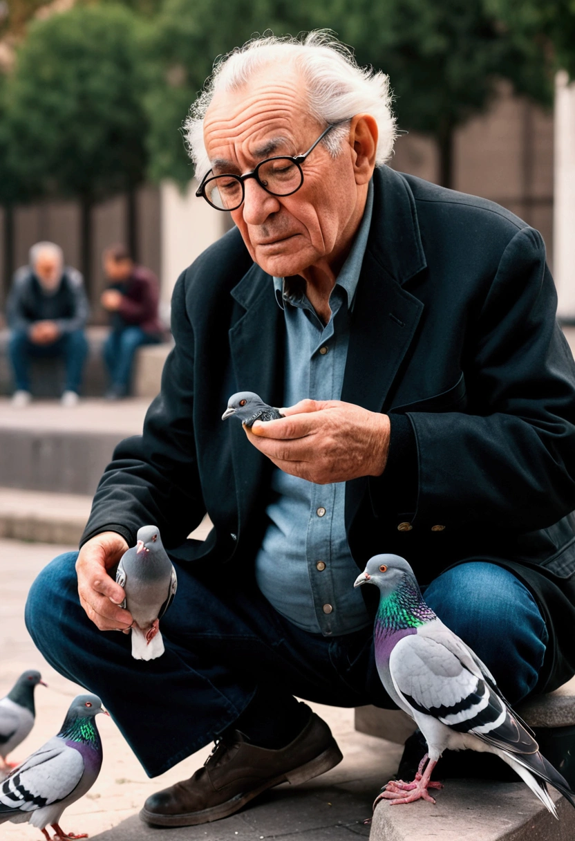 a elderly man wearing a black jacket and glasses, sitting and feeding pigeons, highly detailed, photorealistic, canon r50 camera, 50mm lens, 4k resolution