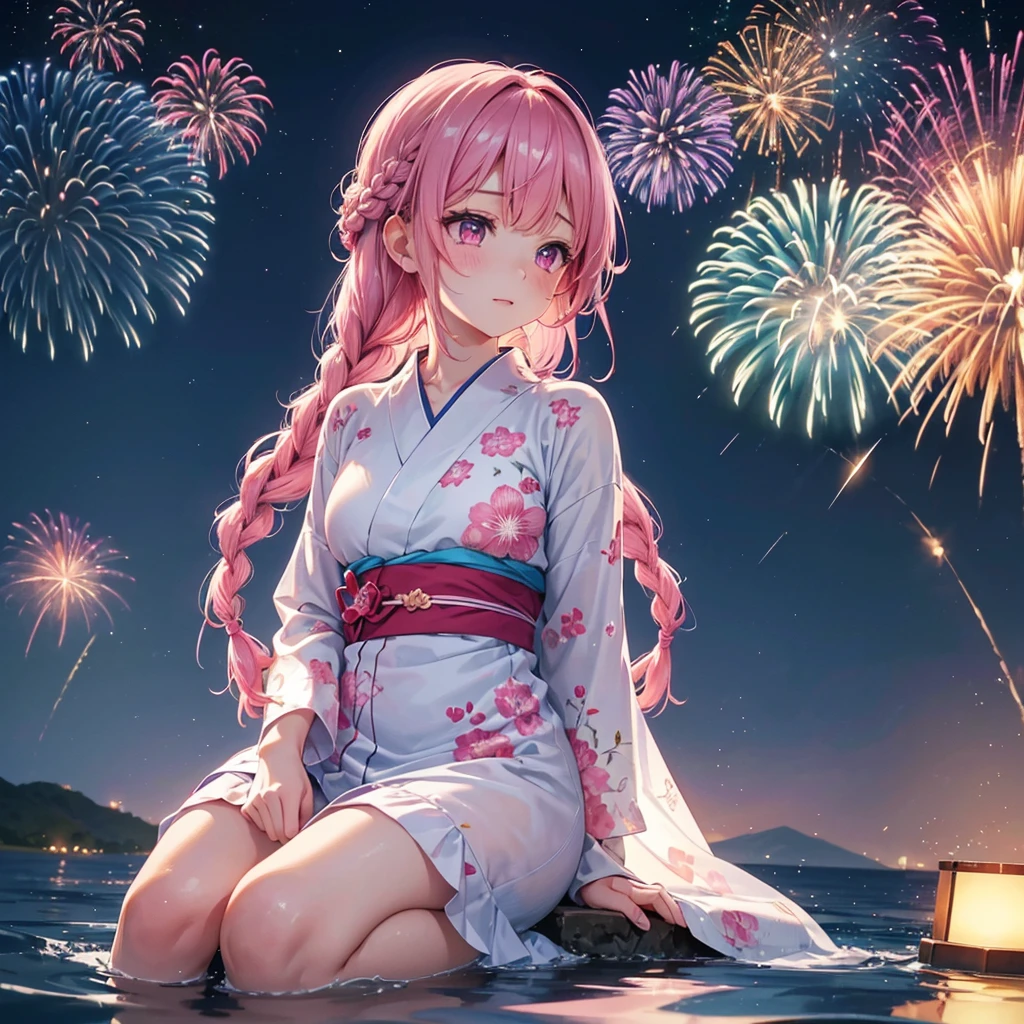 Sky Blue Medium Hair, (Braided Hair),(Pink Eyes),Fair skin ,(whole body),(1 girl)、Floral Yukata、summer night、Extra-large fireworks filling the night sky、Watching the fireworks while sitting next to each other、Straight bangs,(masterpiece, Highest quality, Very detailed, Best Shadow), (Detailed Background), (Beautifully detailed face), High Contrast, (Best lighting, Very delicate and beautiful), ((Cinematic Light)), colorful, Hyper Detail 8k, Dramatic Light, Intricate details,Fireworks reflecting on the surface of the water