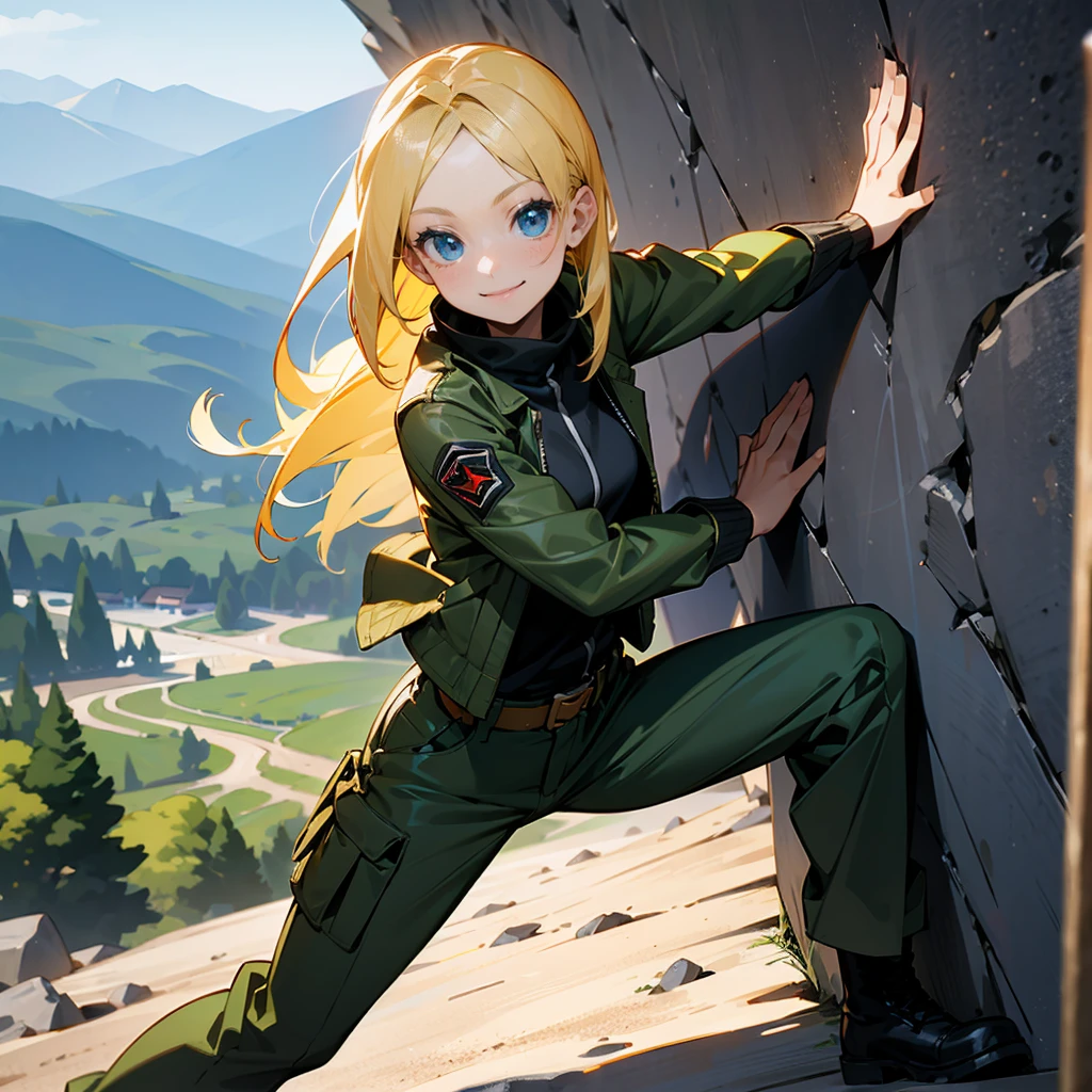 1female, Blonde Hair, Green Combat Jacket, Straight Hair, Black Cargo Pants, Combat Boots, Blue Eyes, Smiling, Slim, High Ranker, Adult Female, Mountain, Climbing a Rock Wall