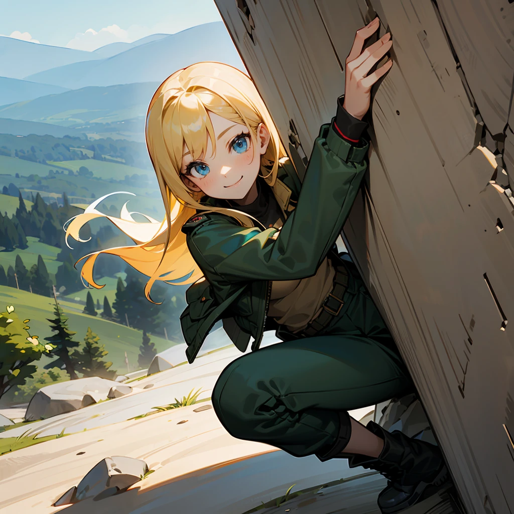 1female, Blonde Hair, Green Combat Jacket, Straight Hair, Black Cargo Pants, Combat Boots, Blue Eyes, Smiling, Slim, High Ranker, Adult Female, Mountain, Climbing a Rock Wall