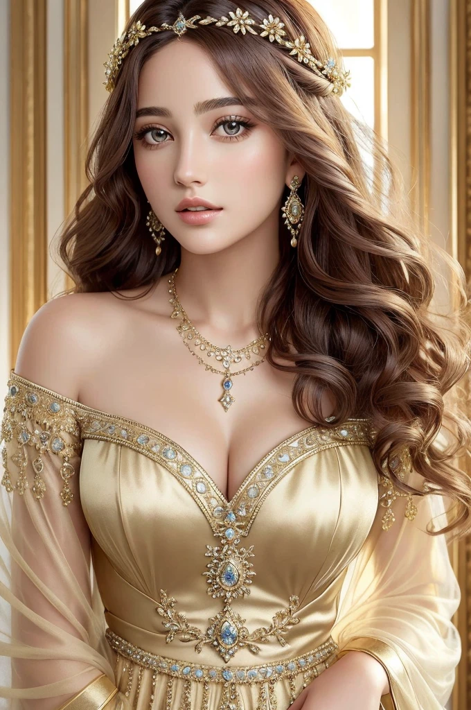 ( Absurd, High quality, ultra-detailed, masterpiece, concept art, smooth, highly detailed artwork, hyper-realistic painting ) ,Goddess, Greek mythology, Aphrodite, captivating and enchanting, commanding attention wherever she went, breathtakingly beautiful goddess with flawless features, skin was described as radiant and fair, often compared to the softness of freshly bloomed flowers, hair was a prominent aspect of her beauty. It was typically depicted as lustrous and flowing, often cascading in waves or curls down her shoulders and back, eyes were described as enchanting and alluring, drawing others in with their depth and intensity. Aphrodite’s gaze had the power to captivate and inspire love in those who looked upon her, wearing elegant and ethereal garments. She adorned herself with exquisite jewelry, including necklaces, bracelets, and intricate accessories