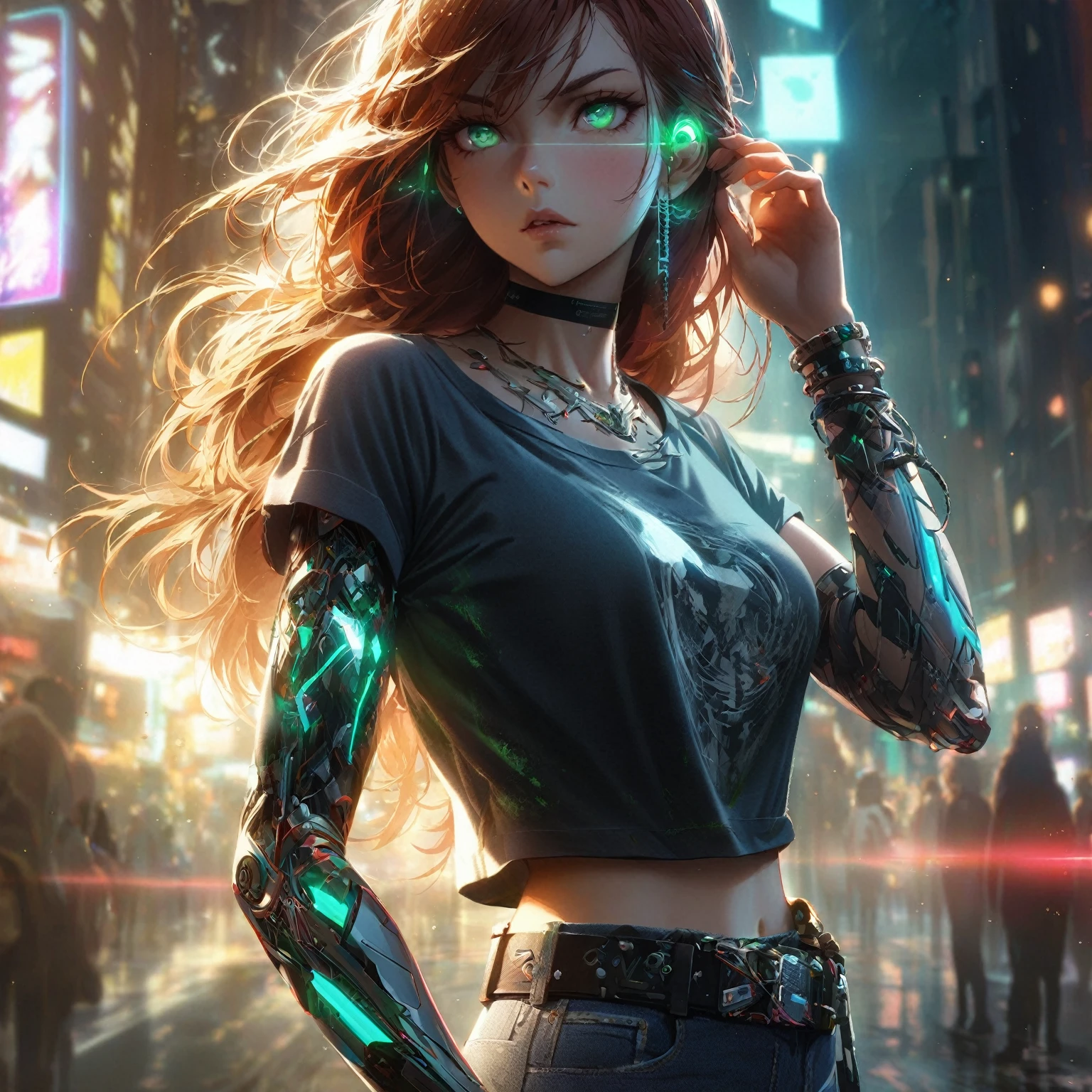 A girl with Echo Flux Control, tousled auburn hair, falling loosely around her shoulders, bright green eyes, reflecting sound waves, a slender, athletic build, wearing a casual outfit of a fitted, graphic t-shirt, and distressed jeans, (nude:0.8), with a pair of sleek, intricate mechanical bracelets on each wrist, a high-tech belt with glowing accents, and a set of advanced ear cuffs, always in use, her stance relaxed yet poised, standing in a bustling urban street, neon signs flickering in the background, with subtle sound wave distortions around her, hinting at her power, striking a dynamic pose with one hand extended forward, as if channeling or manipulating sound waves, while the other hand rests casually on her hip, city lights casting dynamic reflections and shadows, detailed gorgeous face| anime style| key visual| intricate detail| highly detailed| breathtaking| vibrant| panoramic| cinematic| Carne Griffiths| Conrad Roset| gibbli 8k.