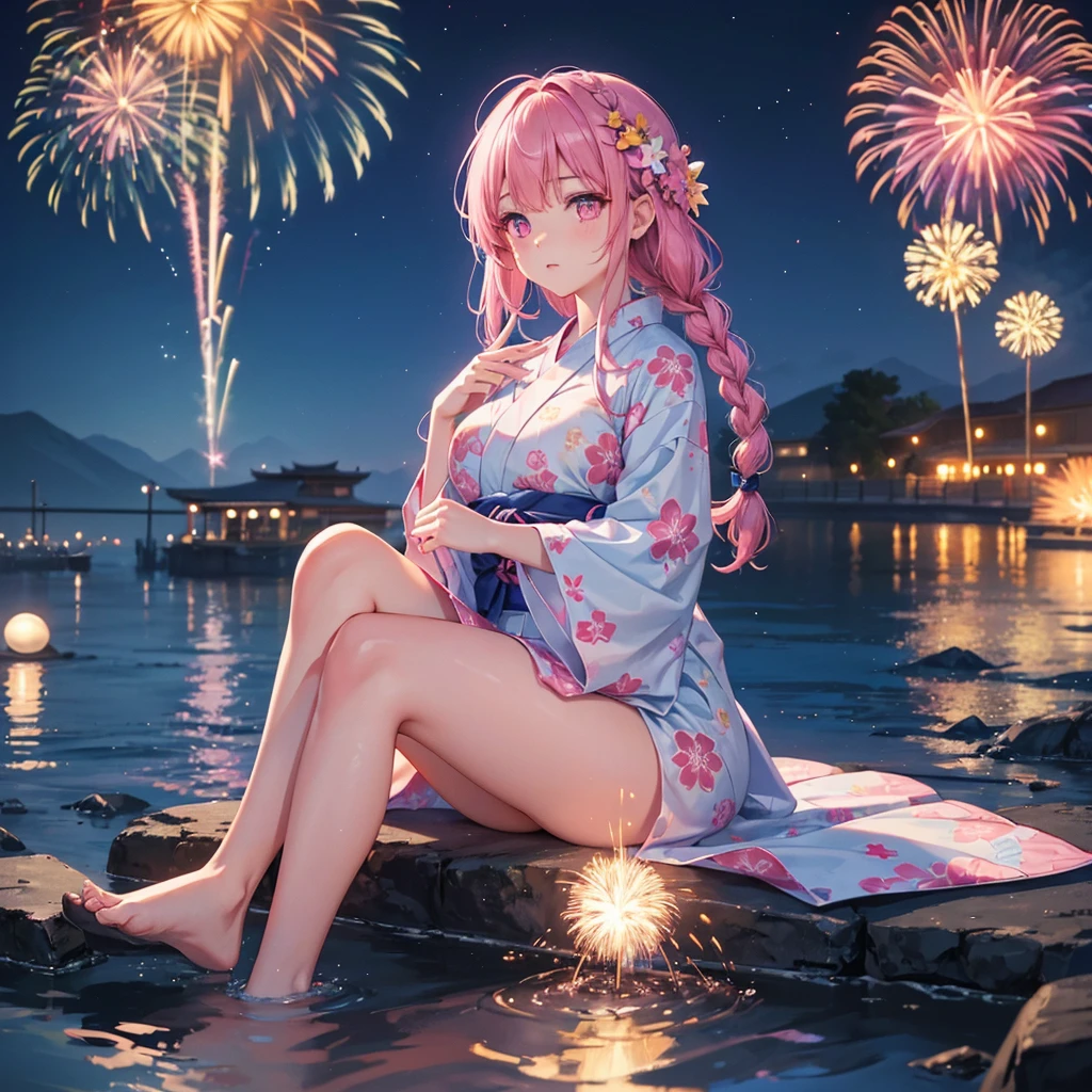 Sky Blue Medium Hair, (Braided Hair),(Pink Eyes),Fair skin ,(whole body),(1 girl)、Floral Yukata、summer night、Extra-large fireworks filling the night sky、Watching the fireworks while sitting next to each other、Straight bangs,(masterpiece, Highest quality, Very detailed, Best Shadow), (Detailed Background), (Beautifully detailed face), High Contrast, (Best lighting, Very delicate and beautiful), ((Cinematic Light)), colorful, Hyper Detail 8k, Dramatic Light, Intricate details,Fireworks reflecting on the surface of the water