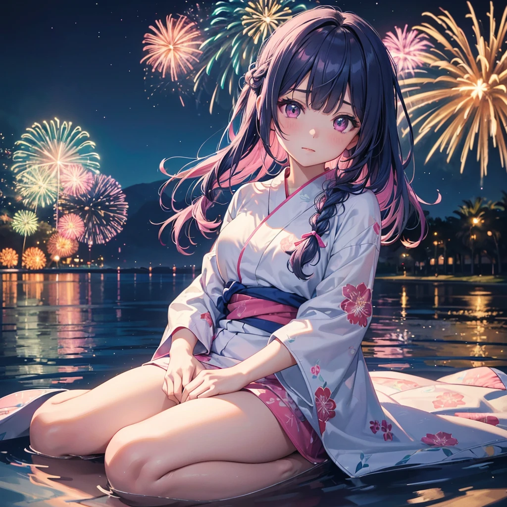 Sky Blue Medium Hair, (Braided Hair),(Pink Eyes),Fair skin ,(whole body),(1 girl)、Floral Yukata、summer night、Extra-large fireworks filling the night sky、Watching the fireworks while sitting next to each other、Straight bangs,(masterpiece, Highest quality, Very detailed, Best Shadow), (Detailed Background), (Beautifully detailed face), High Contrast, (Best lighting, Very delicate and beautiful), ((Cinematic Light)), colorful, Hyper Detail 8k, Dramatic Light, Intricate details,Fireworks reflecting on the surface of the water