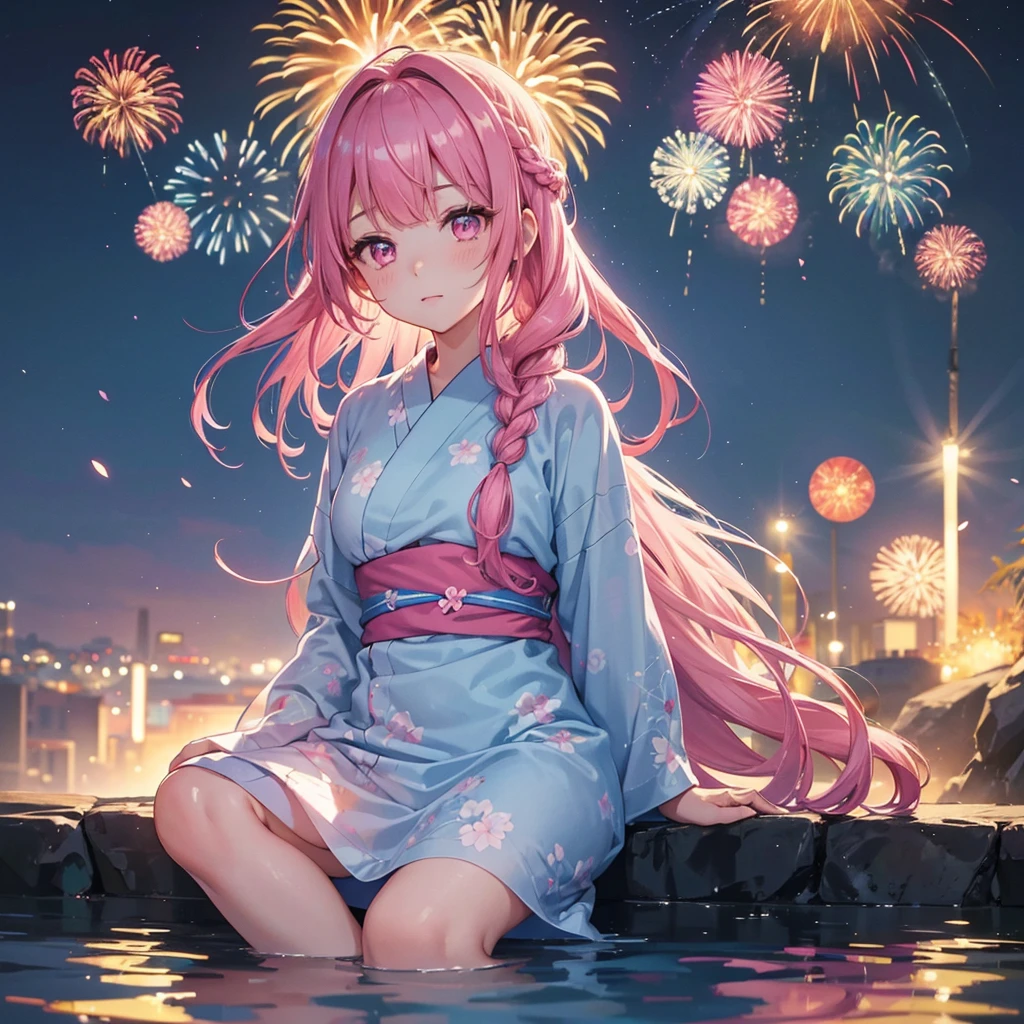 Sky Blue Medium Hair, (Braided Hair),(Pink Eyes),Fair skin ,(whole body),(1 girl)、Floral Yukata、summer night、Extra-large fireworks filling the night sky、Watching the fireworks while sitting next to each other、Straight bangs,(masterpiece, Highest quality, Very detailed, Best Shadow), (Detailed Background), (Beautifully detailed face), High Contrast, (Best lighting, Very delicate and beautiful), ((Cinematic Light)), colorful, Hyper Detail 8k, Dramatic Light, Intricate details,Fireworks reflecting on the surface of the water