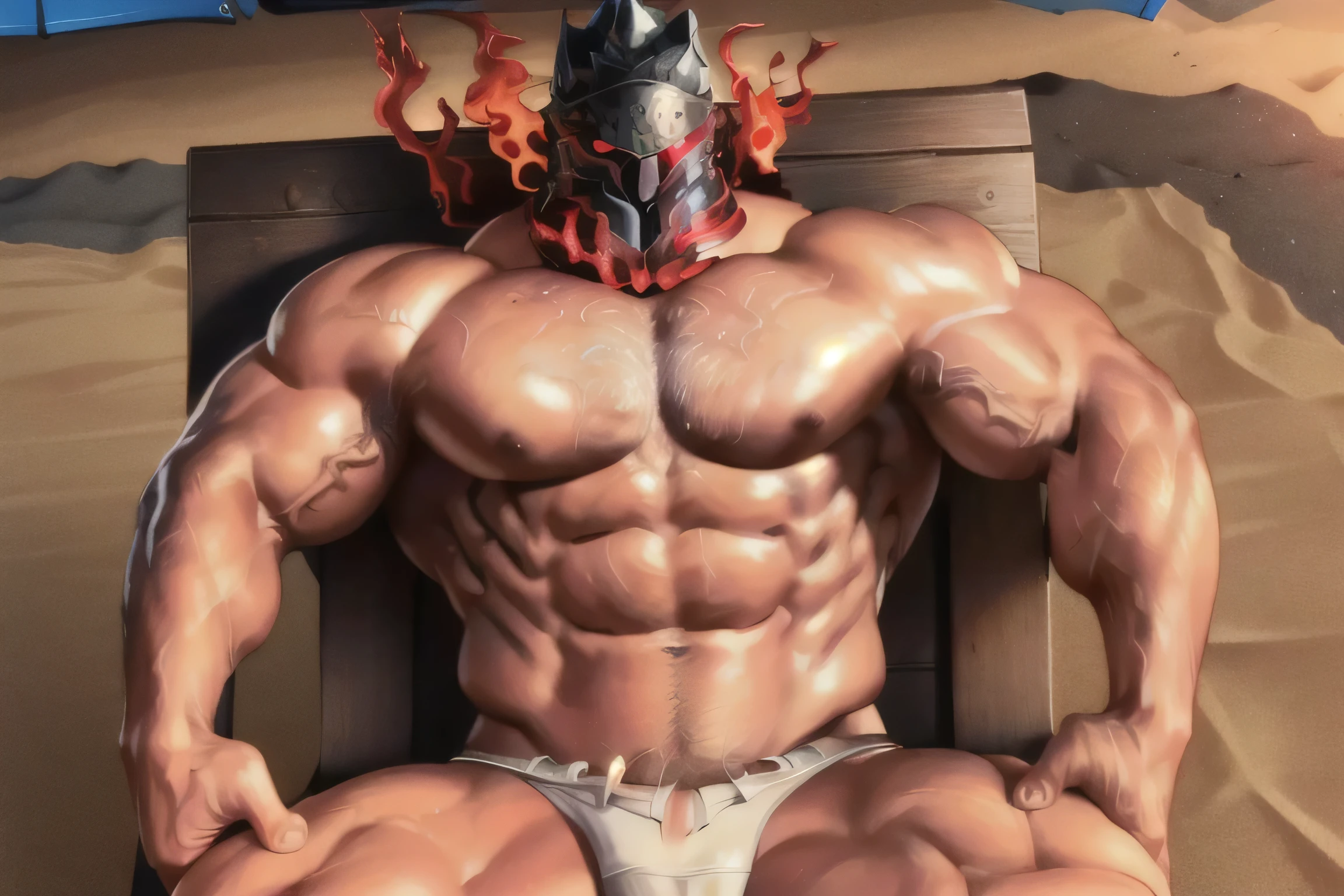 (surtr),human,big muscles,huge muscles,hyper muscles,(white skin),(,flame, burning head),(detailed veiny muscles),Best quality,masterpiece,4k,8k,highly detailed,detailed face,realistic proportions,sharp focus,male focus,lying on a beach chair,full body,swim trunks,smiles, smeared with oil