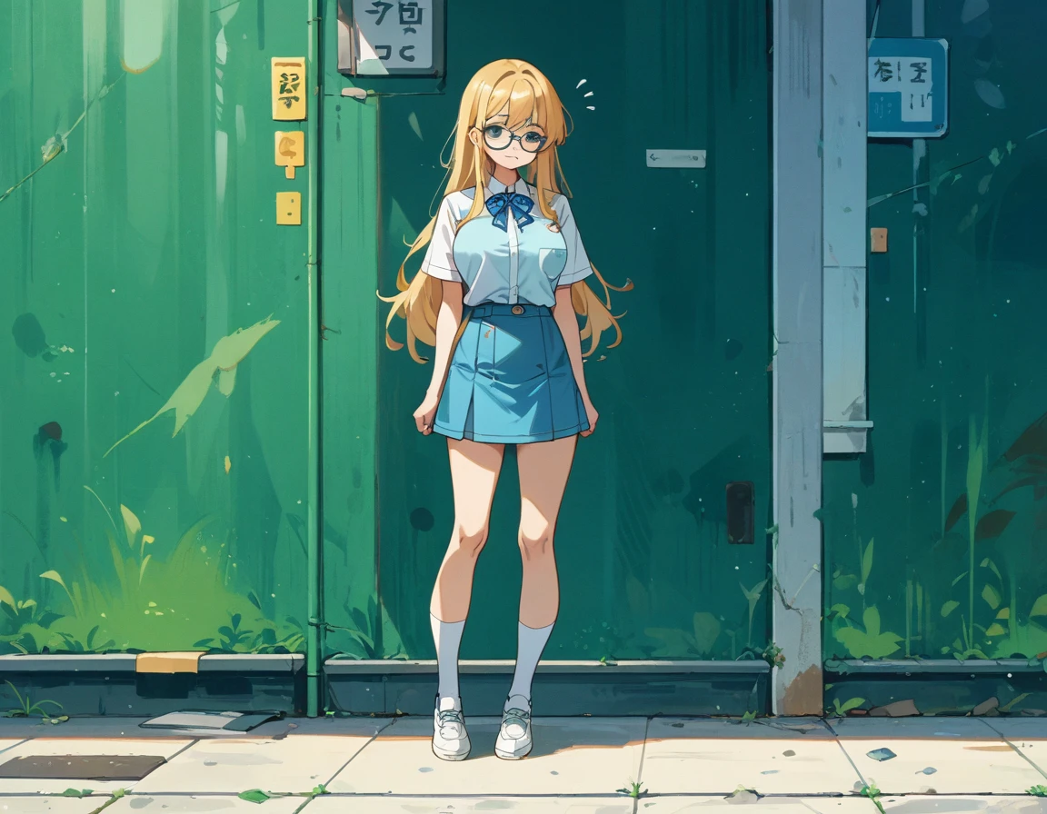 Long haired girl wearing glasses、She lifts her skirt to show off her cute white underwear、Big breasts and blue bra sticking through pure white shirt、Skirt flip、Blue flared skirt、Bare legs, white socks and leather shoes、Standing posture