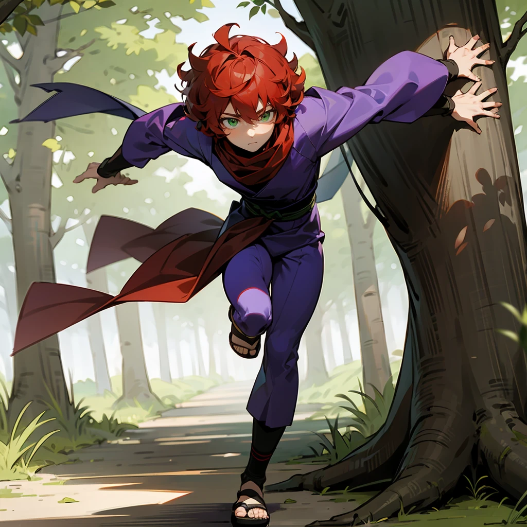 1male, Red Hair, Purple Ninja Outfit, Curly Hair, Red Scarf, Sandals, Green Eyes, Focused Expression, Athletic, Irregular, Young Male, Forest, Hiding behind a Tree