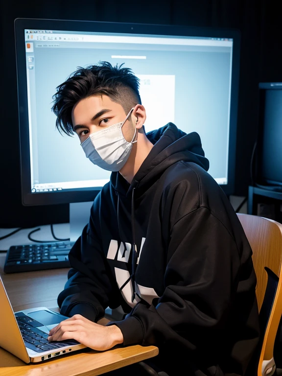 male character, spiky hair, black sweatshirt, black surgical mask over his mouth, sitting in an environment with computers in his room, looking straight at the viewer, perfect two hands