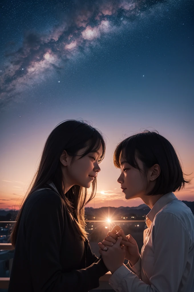 In a dusk sky with bright stars and two hands of a couple