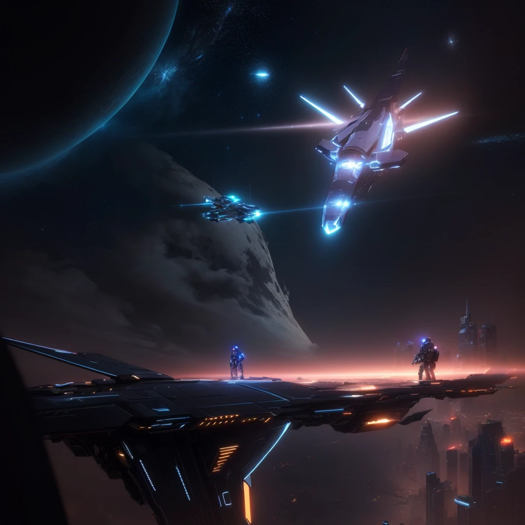spaceship flying over a city at night with a man on a bike, star citizen concept art, 4 k concept art, 4k concept art, star citizen digital art, concept art wallpaper 4k, concept art 8 k, concept art 4 k, concept art 4k, 4 k resolution concept art, 8k hd concept art, dramatic lighting. concept art