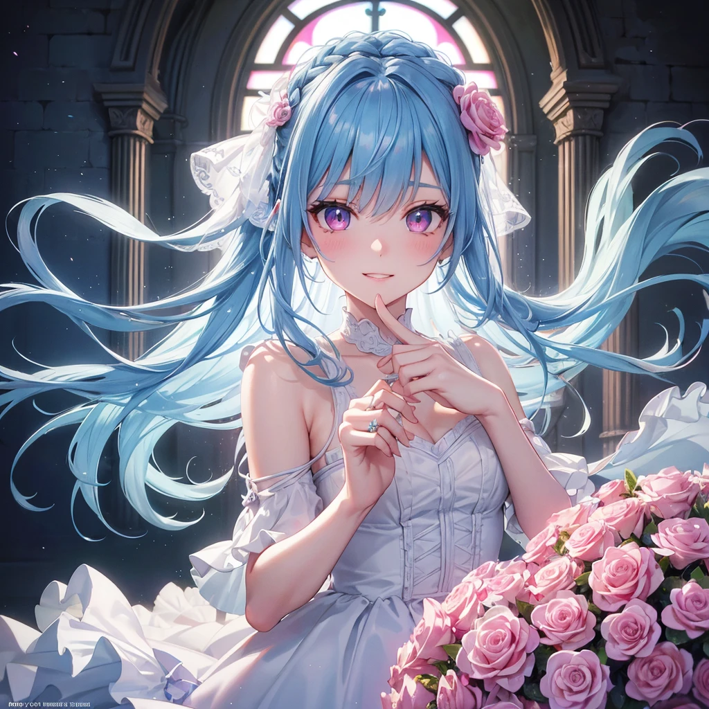 Sky blue hair, (Braided Ponytail),(Pink Eyes),Fair skin ,(whole body),(One Girl),bride,Big smile,Straight bangs, 6月のbride,Wedding dress,(masterpiece, Highest quality, Very detailed, Best Shadow), (Detailed Background), (Beautifully detailed face), High Contrast, (Best lighting, Very delicate and beautiful), ((Cinematic Light)), colorful, Hyper Detail 8k, Dramatic Light, Intricate details,Chapel background,A bouquet of roses in the right hand,Ring on left ring finger,